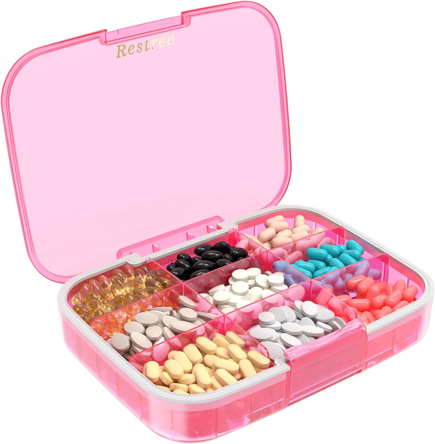 restree-large-pill-organizer---portable-moisture-proof-travel-case-for-vitamins-medicine---9-compartments---pink-1