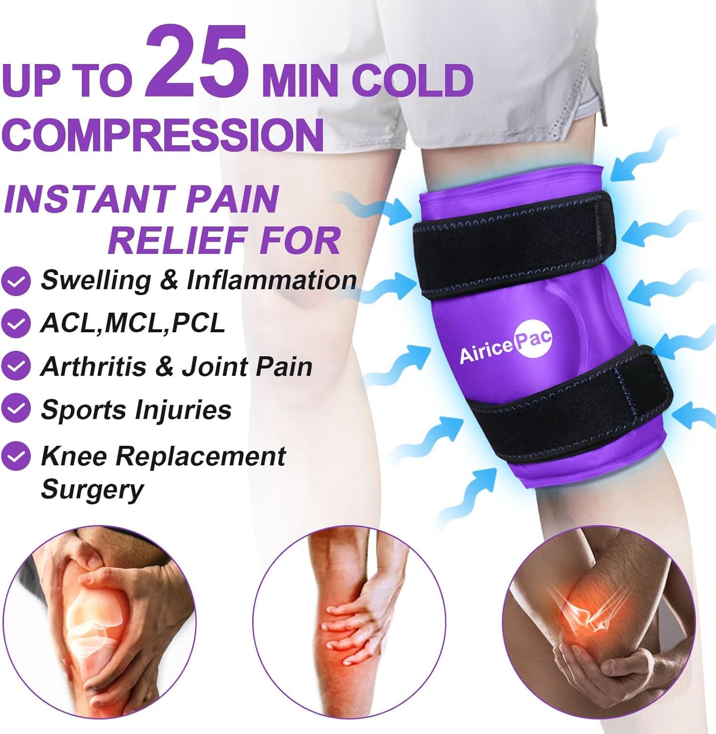 Purple Gel Ice Pack for Knee Pain Relief - Reusable Cold Compress for Injuries, Swelling, Surgery Recovery - Ideal for Arthritis, Meniscus Tear, ACL - AiricePac - Espot.com.au