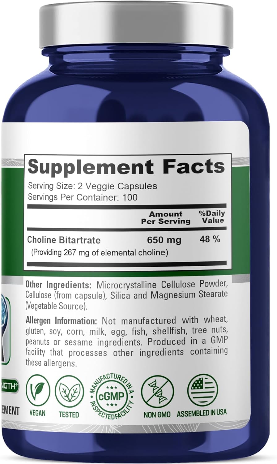 Choline Bitartrate Supplement 650mg - 200 Veg Capsules Vegan, Non-GMO - NusaPure - Espot.com.au