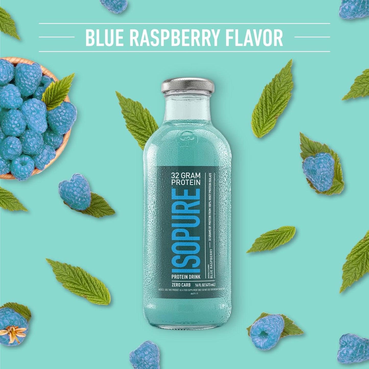 Isopure Zero Carb Whey Protein Isolate Drink, Blue Raspberry Flavor, 32g Protein, 16 Fl Oz (12 Bottles) - Espot.com.au