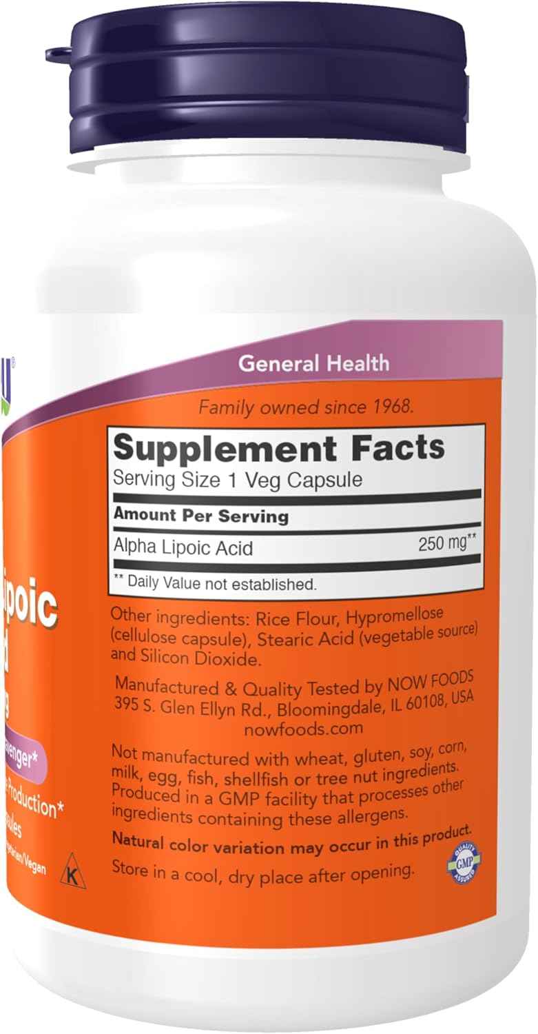 Alpha Lipoic Acid 250mg Capsules by NOW Foods - Supports Glutathione Production & Fights Free Radicals - 120 Veg Caps
