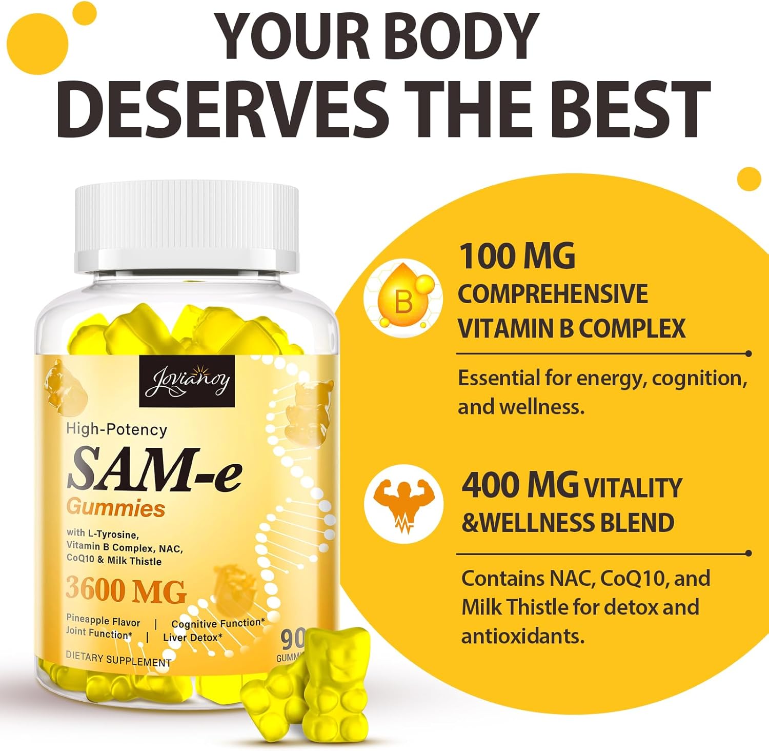3600 MG SAM-e Gummies with L-Tyrosine, Vitamin B Complex, NAC, CoQ10 & Milk Thistle - Mood, Cognitive & Liver Detox Support - Pineapple Flavor - Vegan - Made in USA - 90 Gummies - Espot.com.au