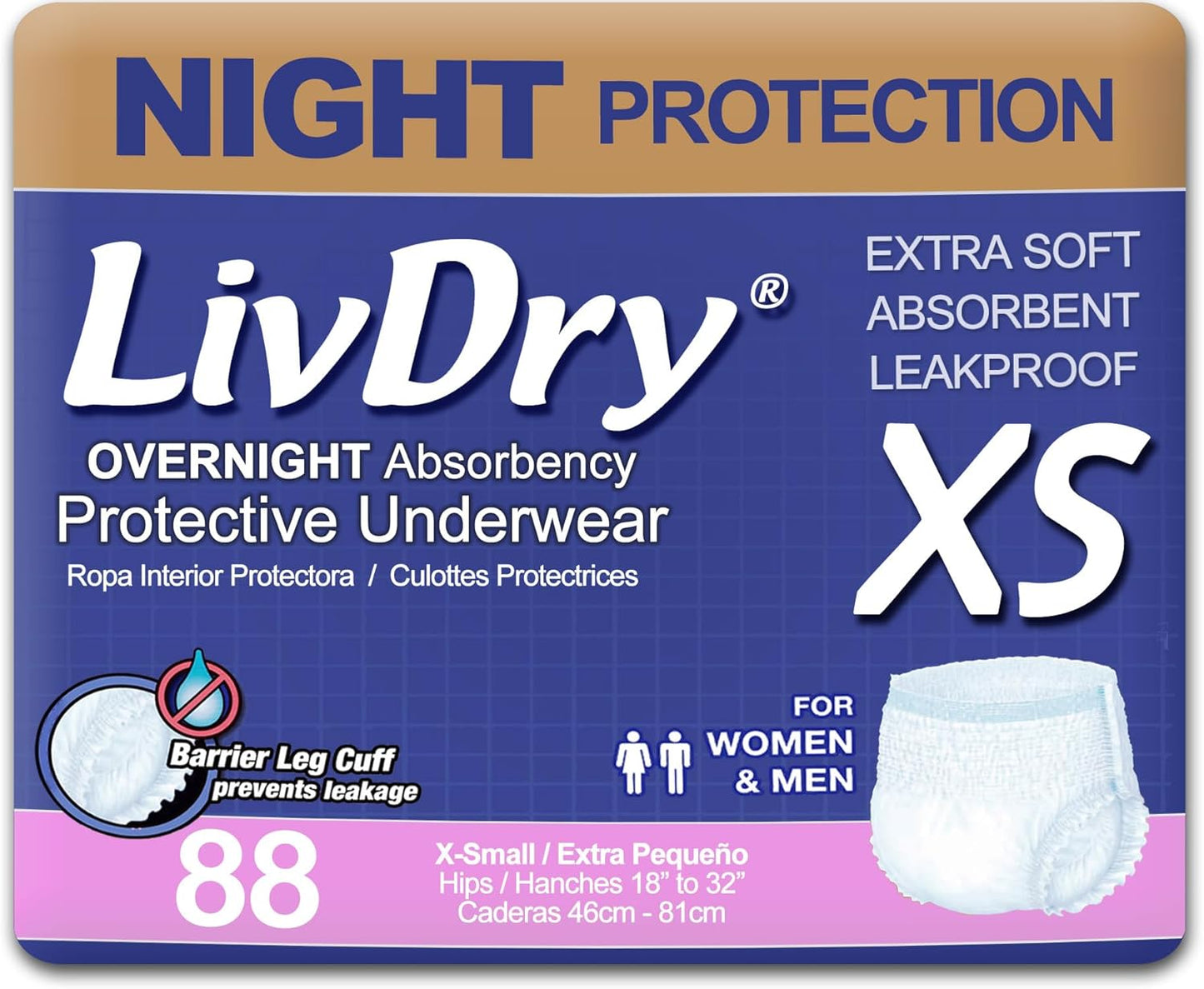 LivDry XS Adult Incontinence Underwear, 88-Pack, Overnight Comfort Absorbency, Leak Protection, Extra Small Size - Espot.com.au