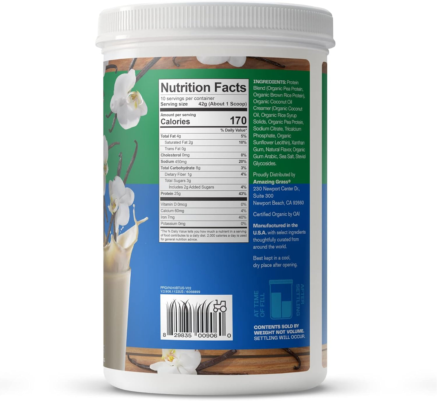 Organic Plant-Based Vegan Protein Powder with 25g Protein - Creamy Vanilla Flavor, Dairy, Gluten, Soy Free - 10 Servings - Espot.com.au