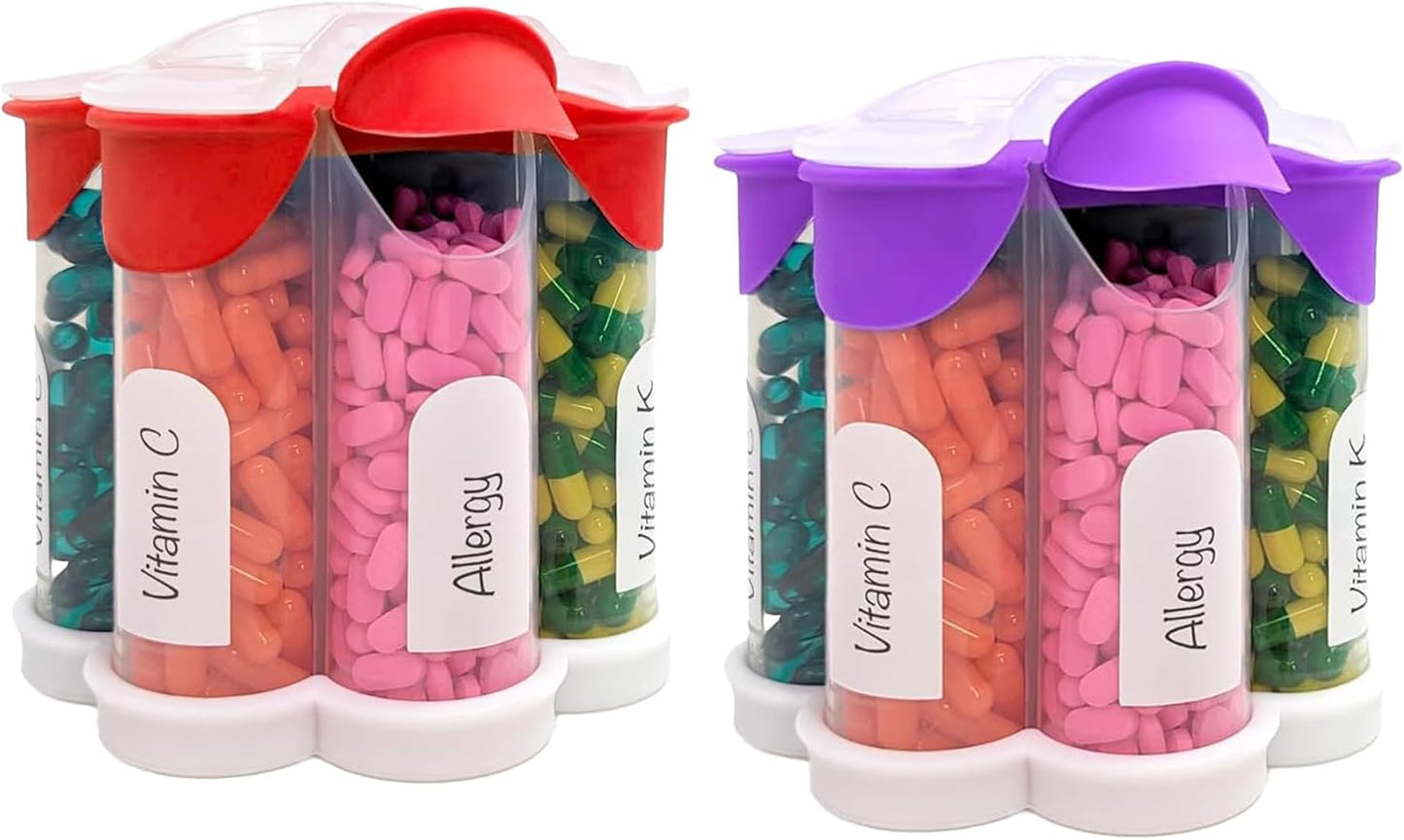extra-large-pill-organizer-with-cute-blossom-design---daily-weekly-monthly-supplement-bottle---7-xl-compartments---2-pack-combo-purple-and-red-1