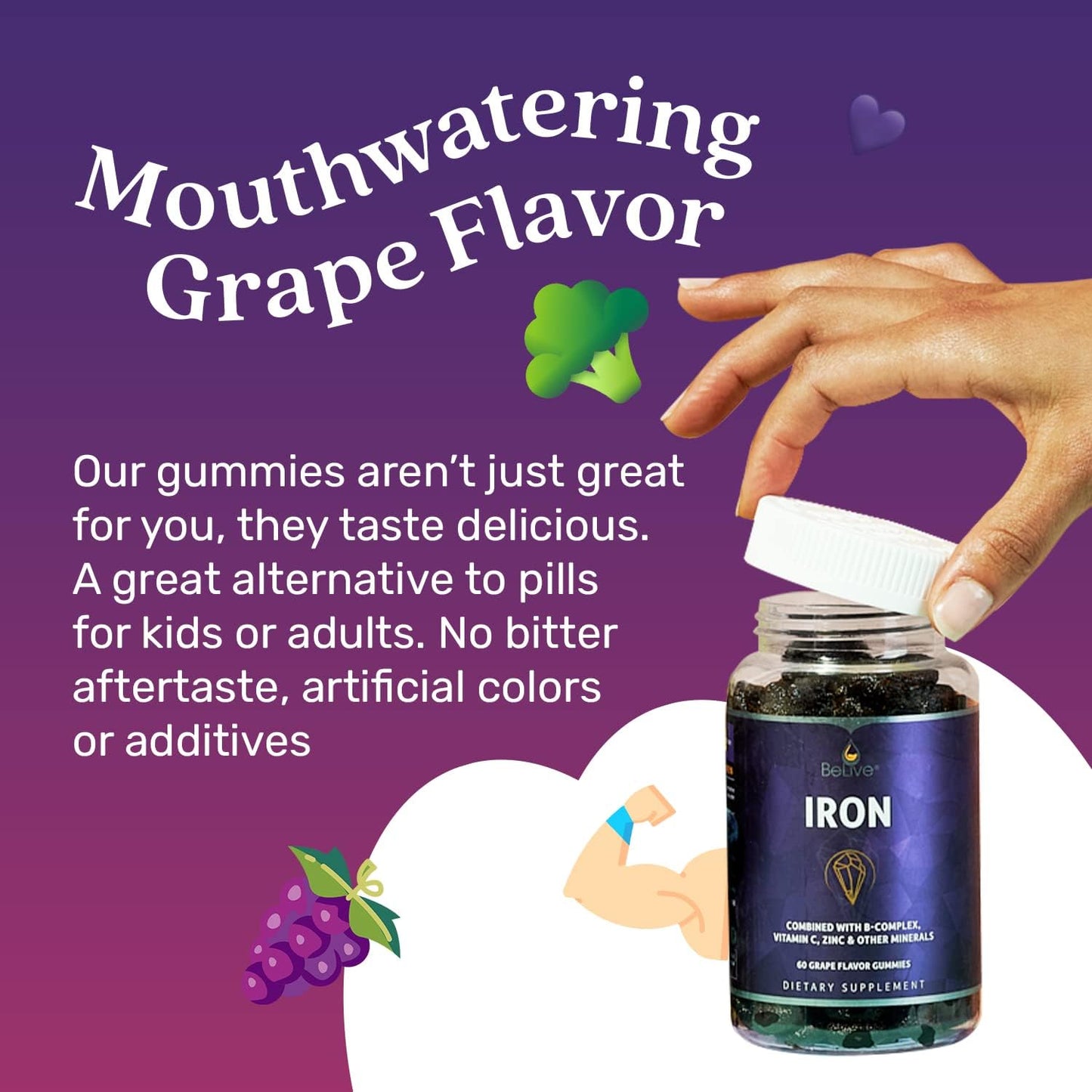 Iron Gummies with Multivitamins & Zinc - Grape Flavored Vegan Supplement for Blood Oxygen Support - Ideal for Women, Men & Kids of All Ages - Espot.com.au