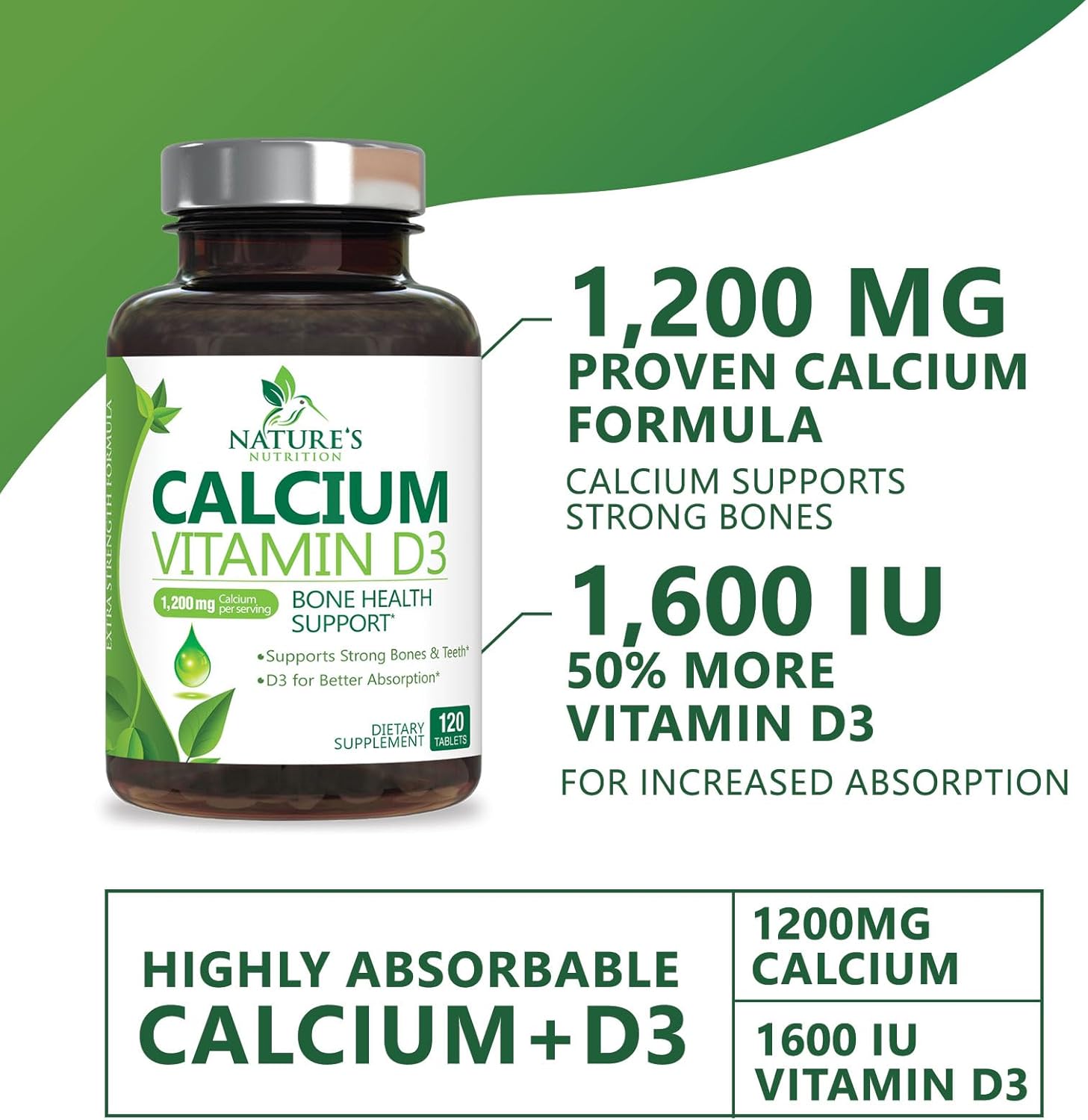 1200mg Calcium with Vitamin D3 for Bone Strength & Immune Support - 120 Tablets - Espot.com.au