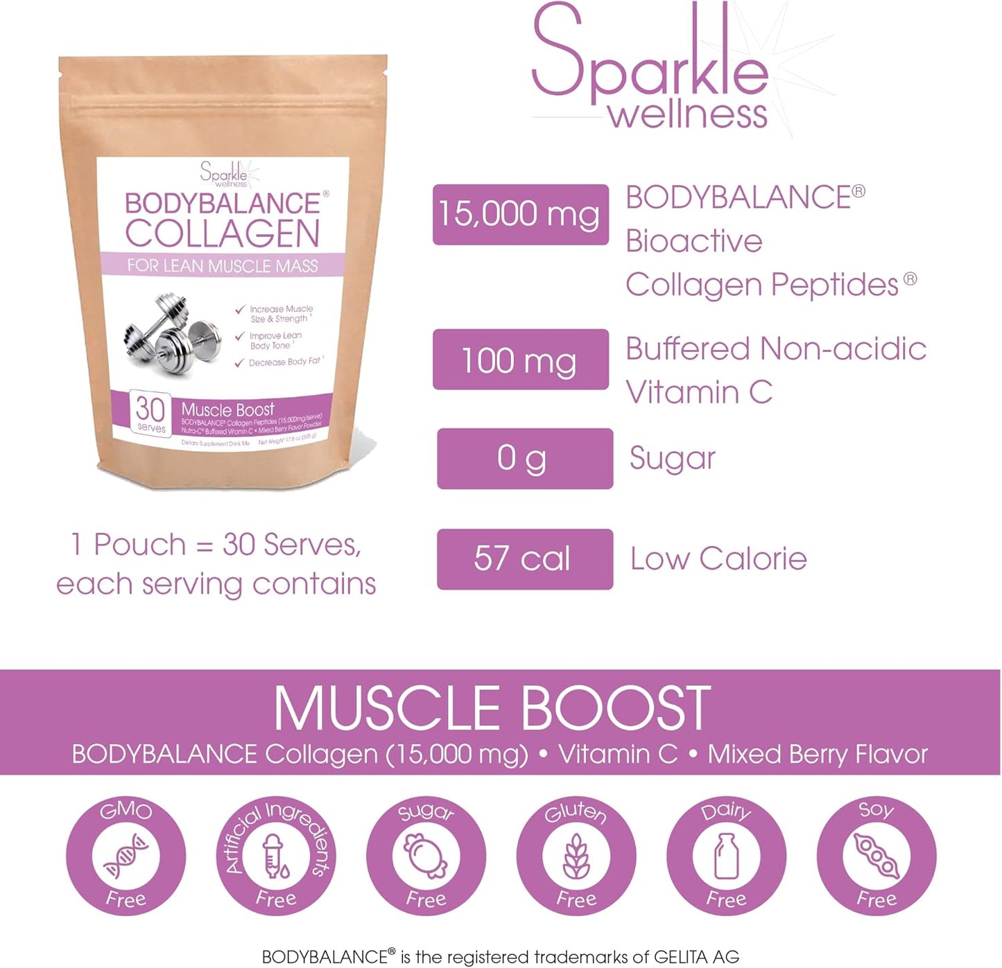 Mixed Berry Muscle Boost Collagen Supplement Powder - 30 Servings | Hydrolyzed BODYBALANCE Collagen Peptides & Buffered Vitamin C for Improved Body Composition | Sparkle Wellness - Espot.com.au