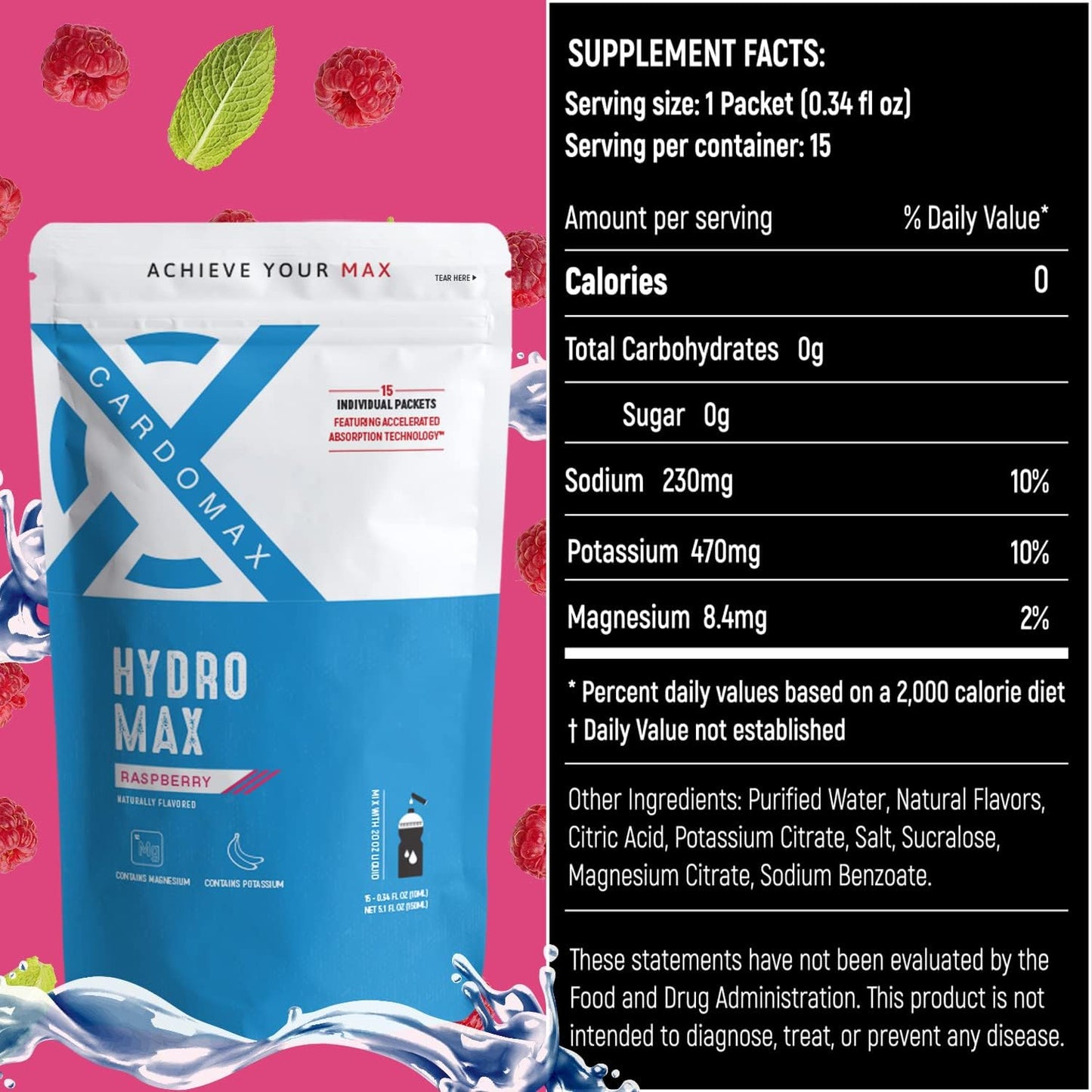 cardomax-hydration-packets-raspberry-electrolyte-drink-mix---15-single-serve-sticks-sugar-free-keto-friendly-liquid-water-electrolytes-3