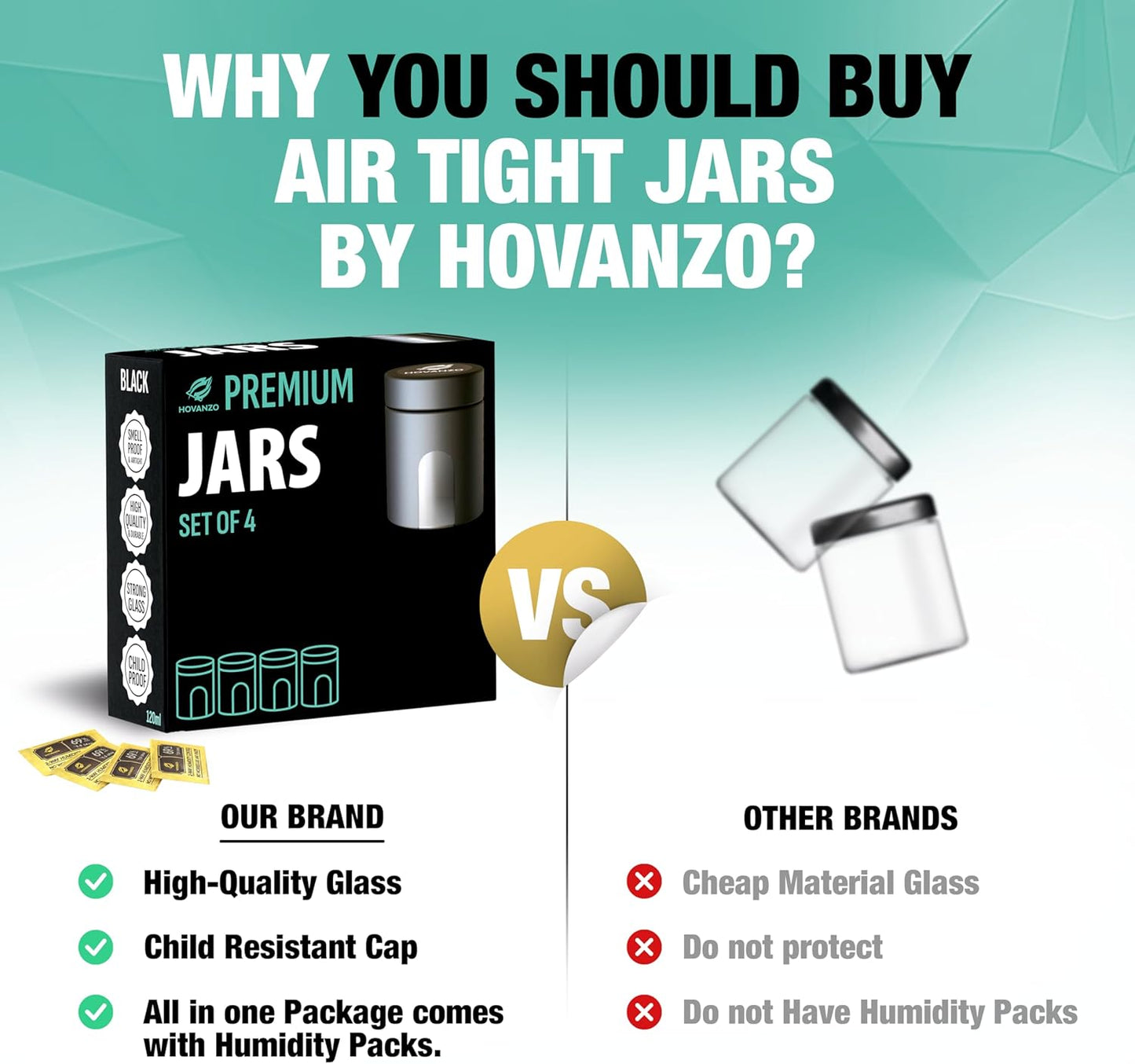 4 Pack HOVANZO Premium Airtight Glass Storage Jars 120ml with 69% Humidity Control - UV Air Tight Jars with Child-Resistant Lid for Herb/Spice Storage - Black Containers for Air Tight Storage - Espot.com.au