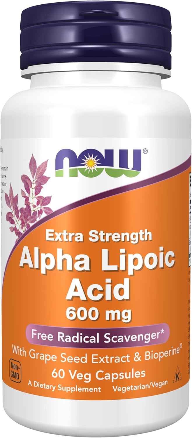 NOW Foods Alpha Lipoic Acid 600mg with Grape Seed Extract & Bioperine® - Extra Strength Supplement, 60 Count Pack