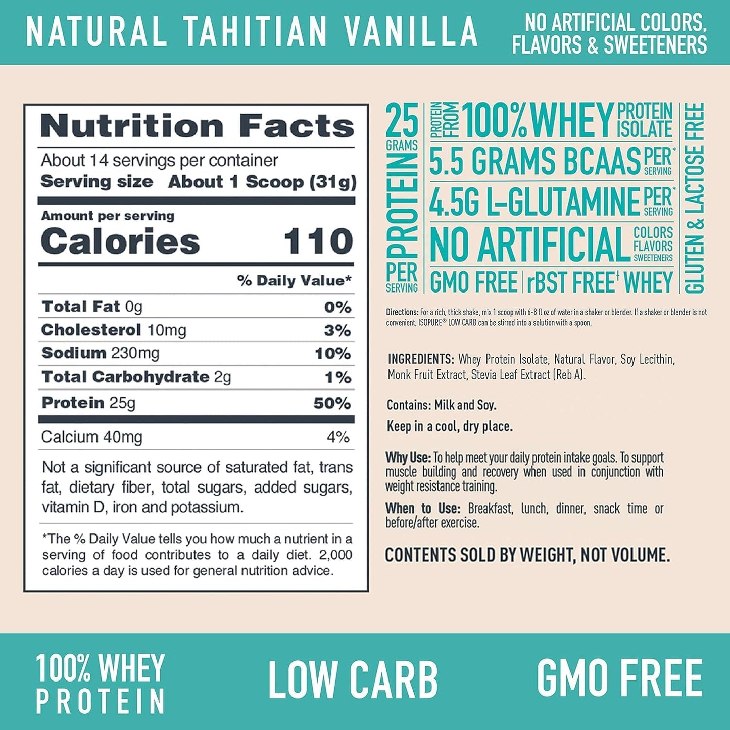 Isopure Low Carb Whey Isolate Protein Powder - Tahitian Vanilla Flavor, 25g Protein, Lactose & Gluten Free, With Vitamins - 1 lb, 14 Servings - Espot.com.au