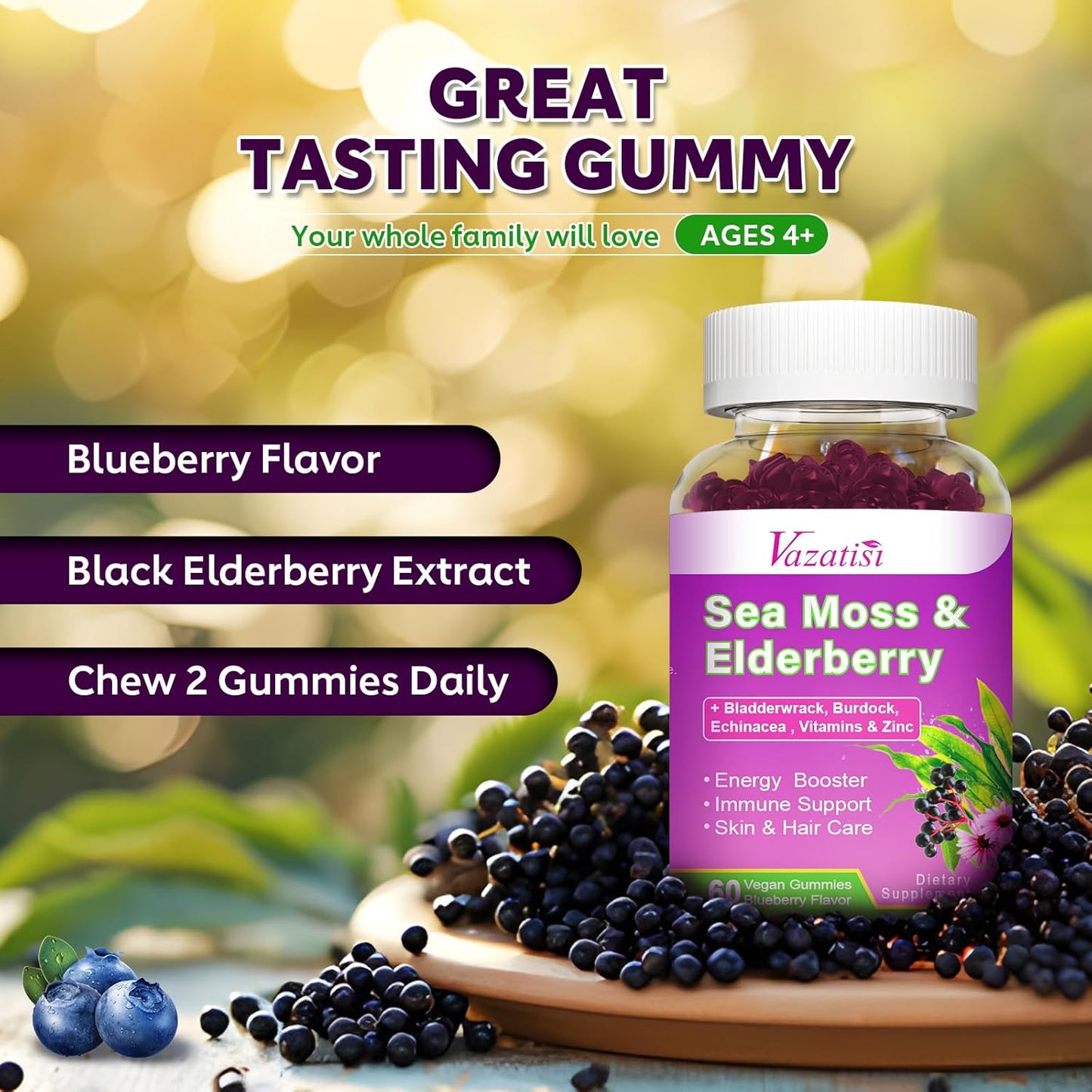 Blueberry Elderberry Gummies with Sea Moss, Bladderwrack, Echinacea, Apple Cider Vinegar - Vitamin C, D & Zinc Immune Support Supplement for Women, Men, Adults and Kids - 60 Ct - Espot.com.au