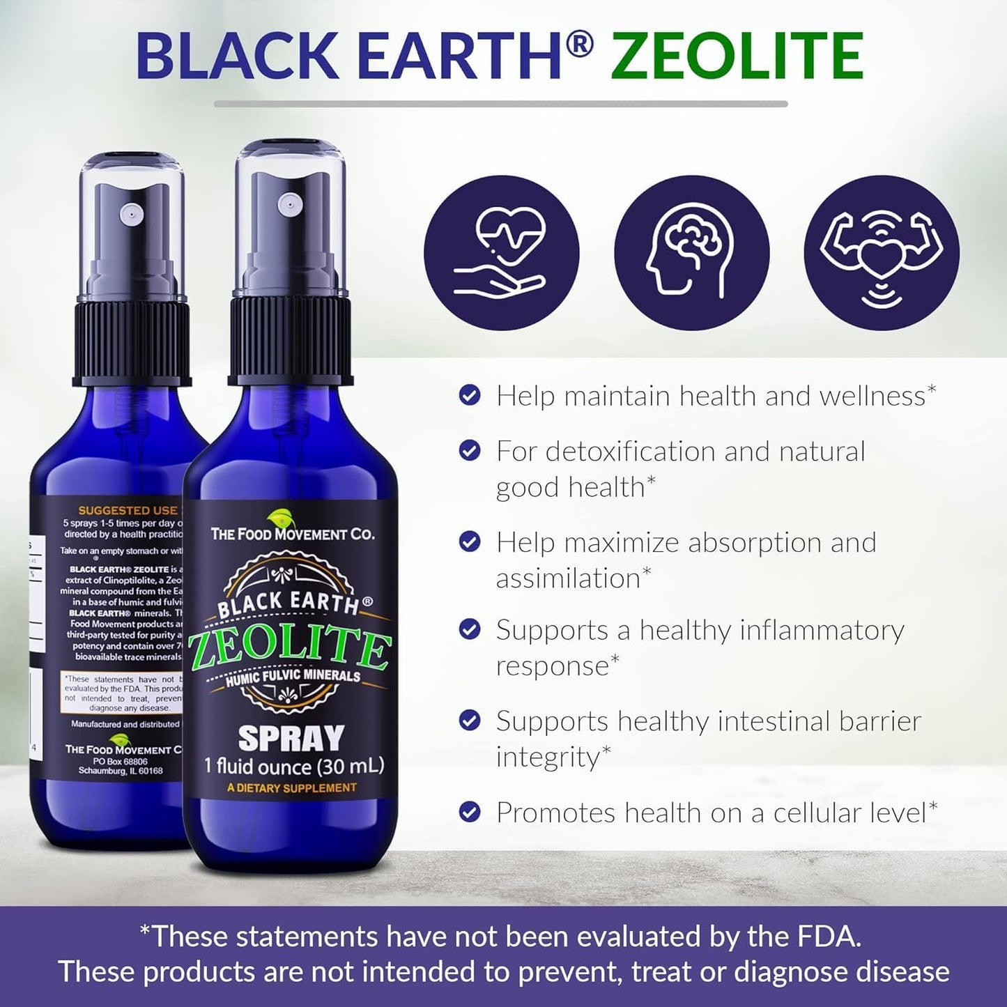 Black Earth Zeolite with Humic Fulvic Acids, Trace Minerals Liquid Supplement - Supports Gut Health, Immune System, Digestion, & Elimination - 1oz Pump Spray for Adults & Kids (2 Pack) - Espot.com.au