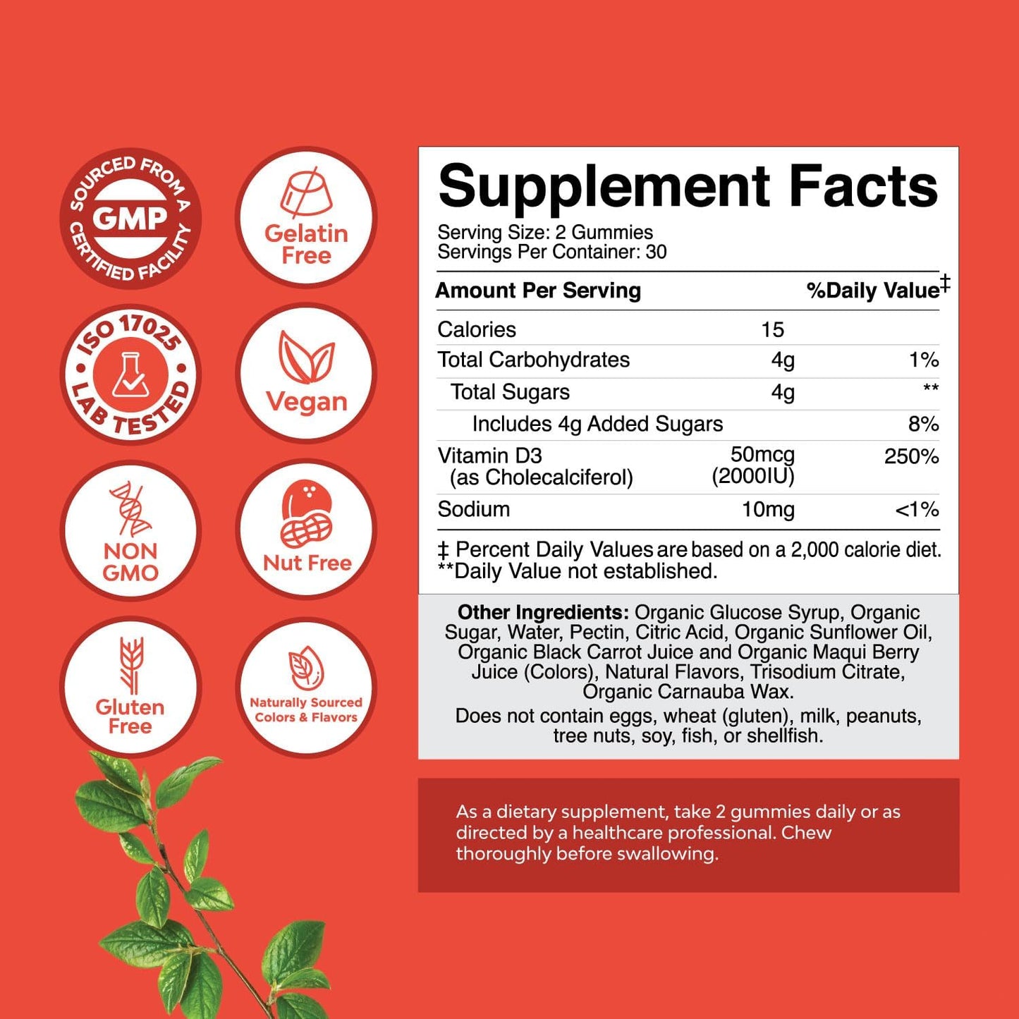 Organic Vitamin D3 Gummies 2000IU for Adults - Bone, Muscle, and Immune Support - Non-GMO and Gluten-Free - 60 Gummies - Espot.com.au