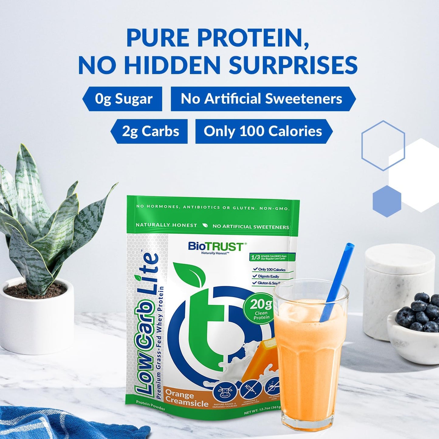 BioTrust Low Carb Lite Orange Cream Protein Shake - 20g Grass-Fed Whey, 100 Calories, ProHydrolase Enzymes, Non-GMO, Soy & Gluten-Free, rBGH-Free - 14 Servings - Espot.com.au