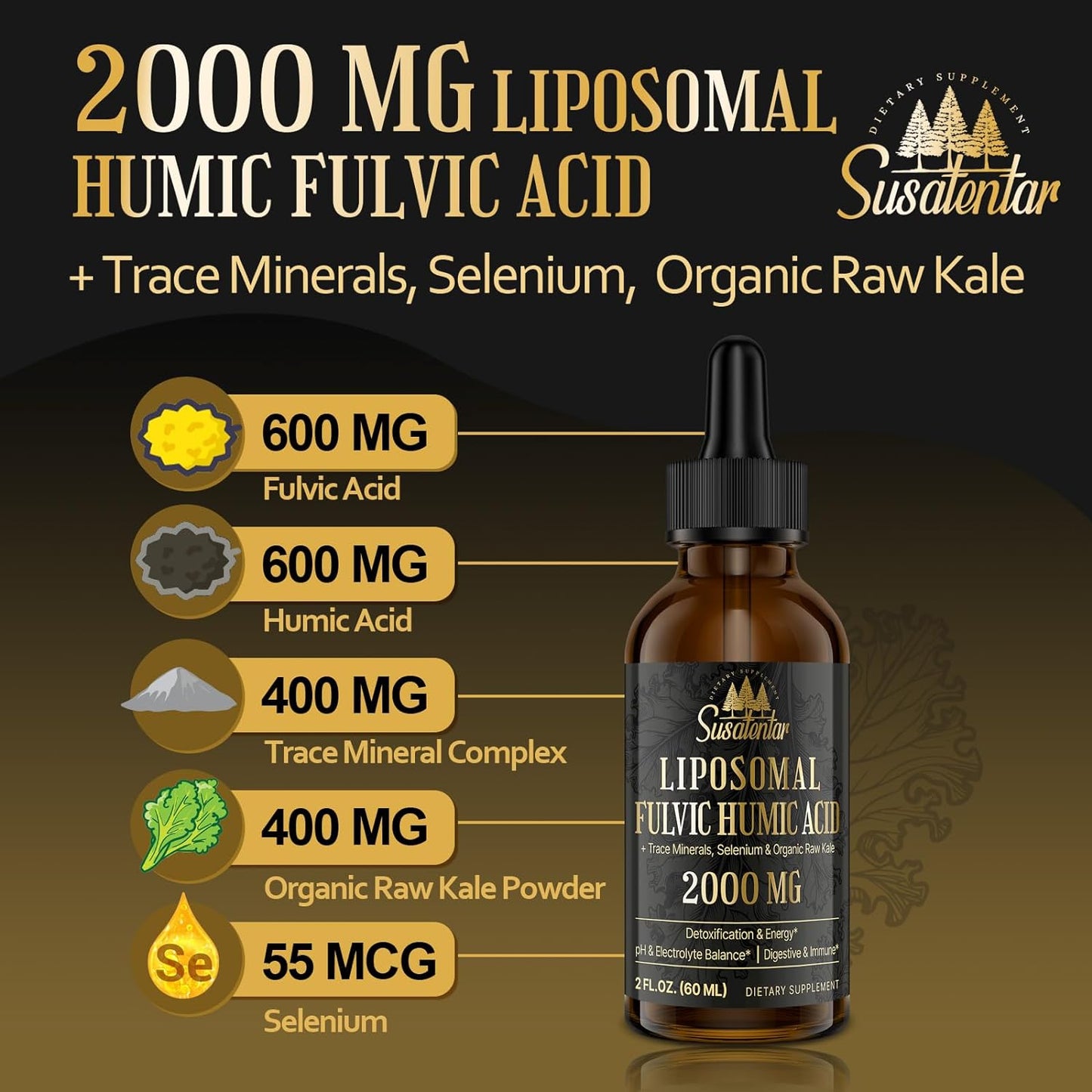 Liquid Liposomal Fulvic Humic Acid Drops 2000 MG | Trace Minerals Electrolyte Supplement | 72+ Minerals | Hydration, Detox, Energy | pH Balance, Digestion, Immunity | 4 Oz Bottle - Espot.com.au