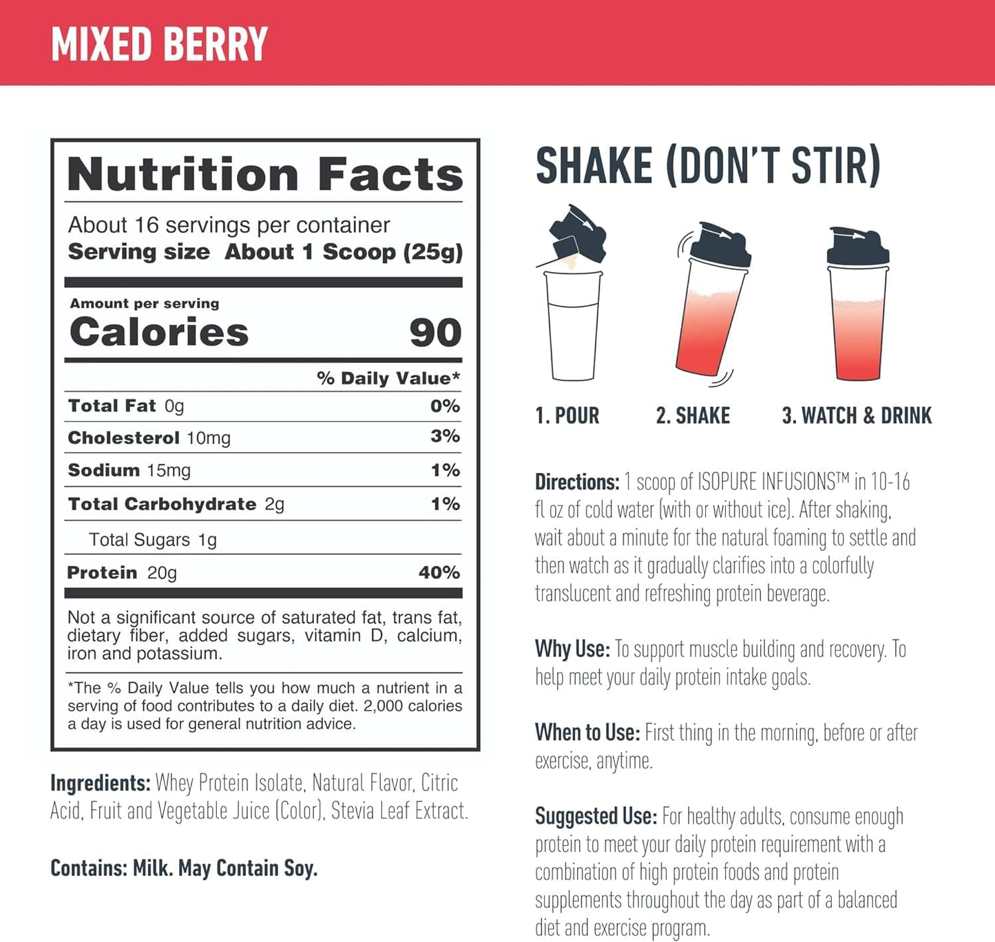 Isopure Clear Whey Isolate Protein Powder Infusions - Mixed Berry Flavor, 20g Protein, Lactose & Gluten Free - 14.1 Oz, 16 Servings - Espot.com.au