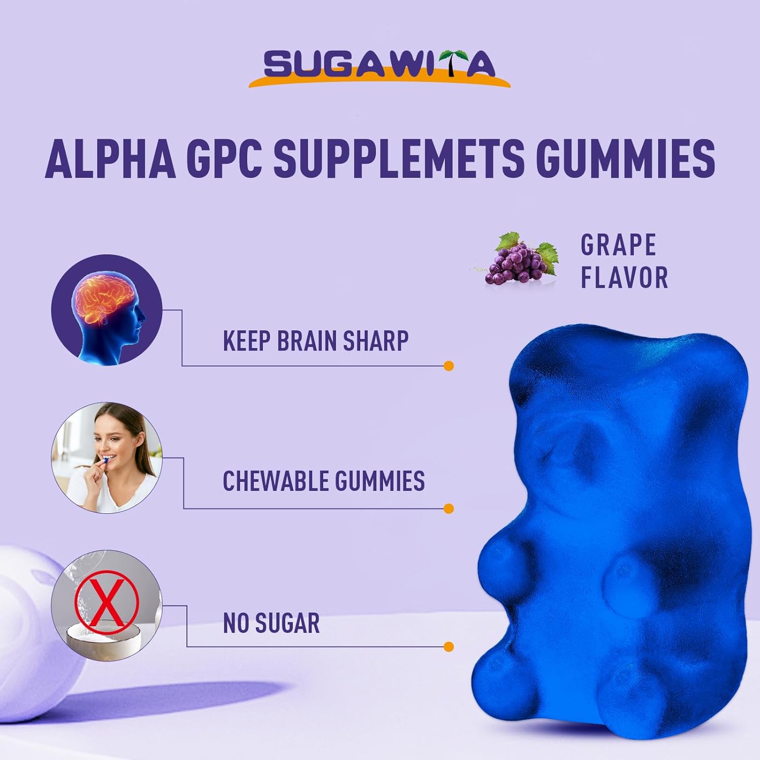 Alpha GPC & Phosphatidylserine Gummies - Brain Supplement for Memory & Focus - 600mg Chewable with Bacopa - Sugar Free - 120 Count - Espot.com.au