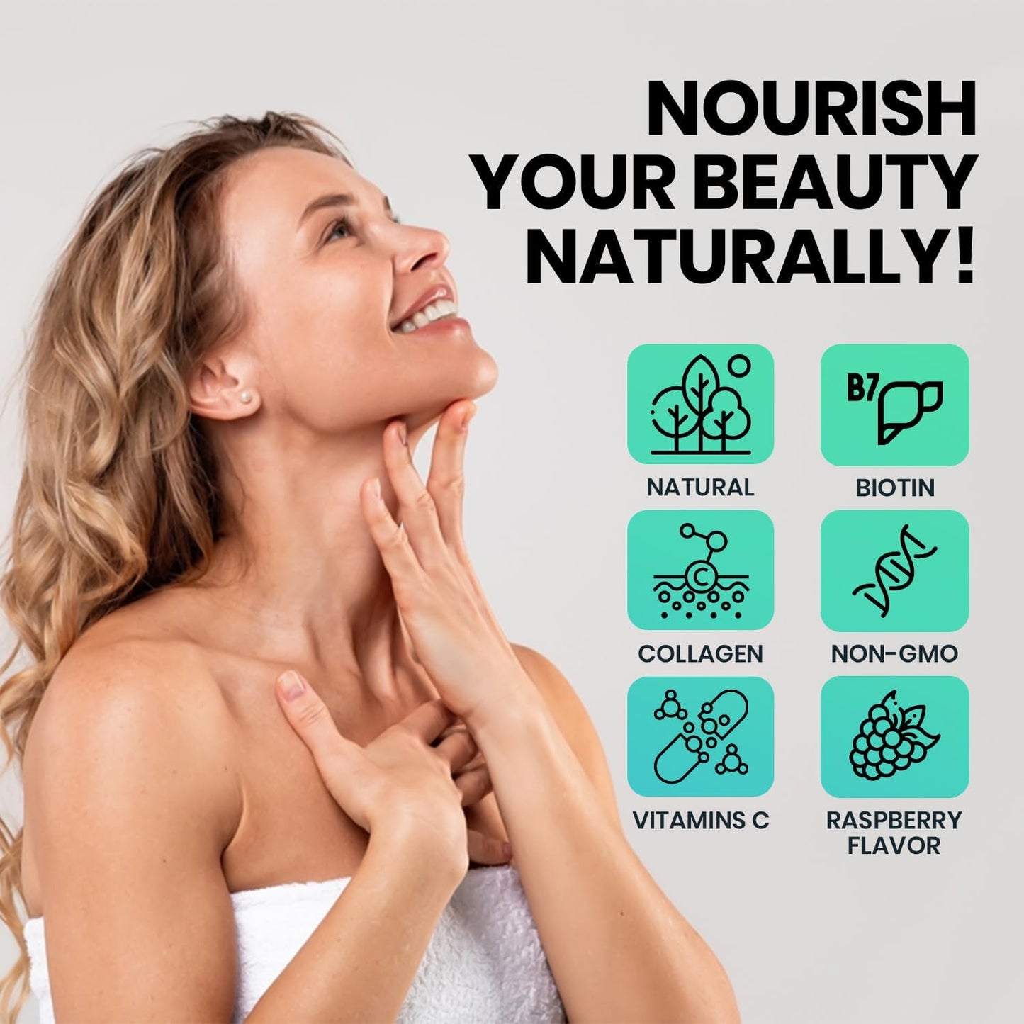Raspberry Flavored Hair, Skin & Nail Gummies with Biotin, Collagen, Vitamin C & E - 60 Gummies | EchoHeals CEUTICALS - Espot.com.au