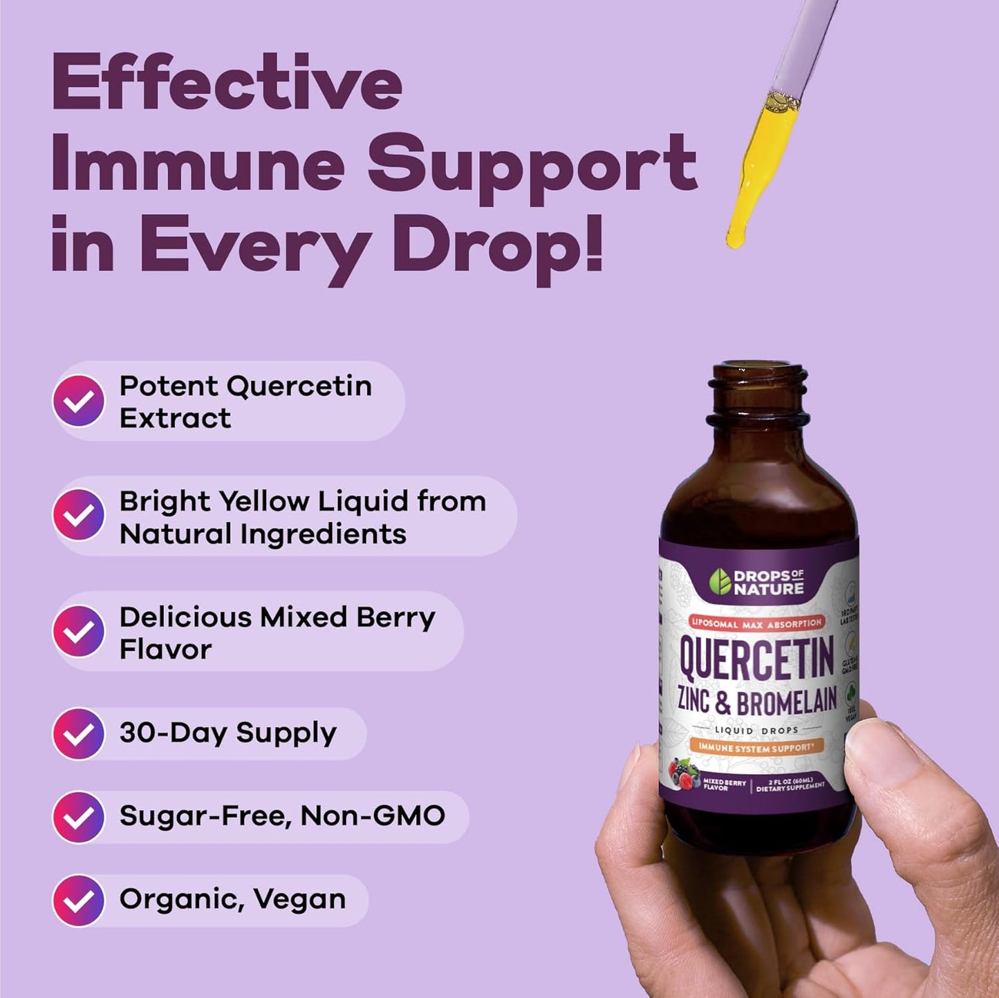 Nature's Quercetin with Bromelain & Zinc Liquid Drops - 750mg Immune Support for Adults & Kids | Bioflavonoid Rich Formula | Supports Immune Defense & Cellular Health | Vegan & Non-GMO | 2 Fl Oz - Espot.com.au