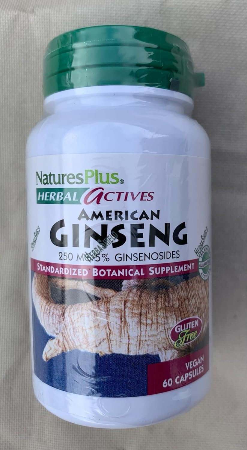 Natures Plus Herbal Actives American Ginseng Capsules - 250mg, 5% Ginsenosides - Vegan & Gluten-Free - 60 Servings - Espot.com.au