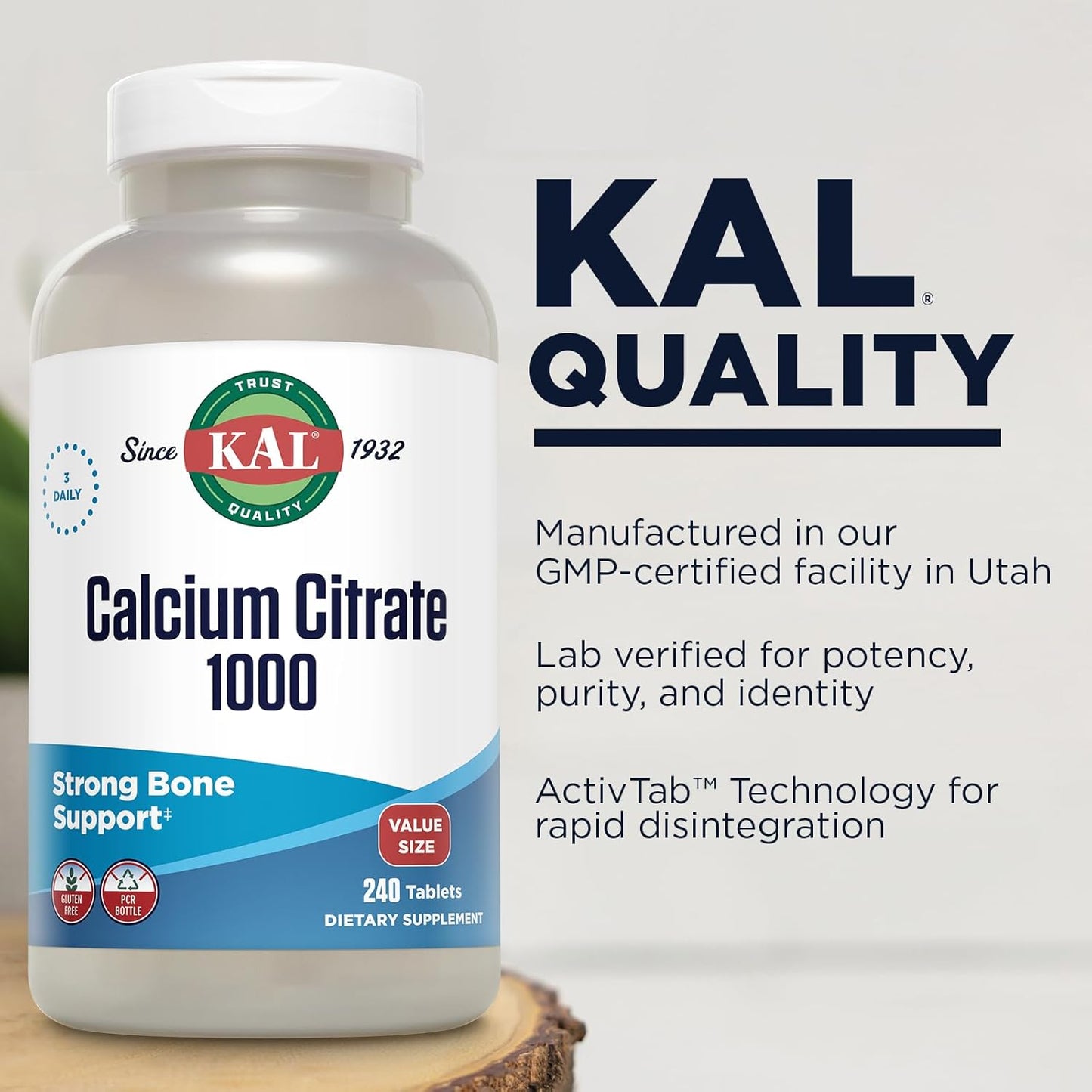 High-Potency KAL Calcium Citrate 1000mg Tablets - Bone & Teeth Health Support for Women & Men - Gluten Free, Lab Verified - 80 Servings - Espot.com.au