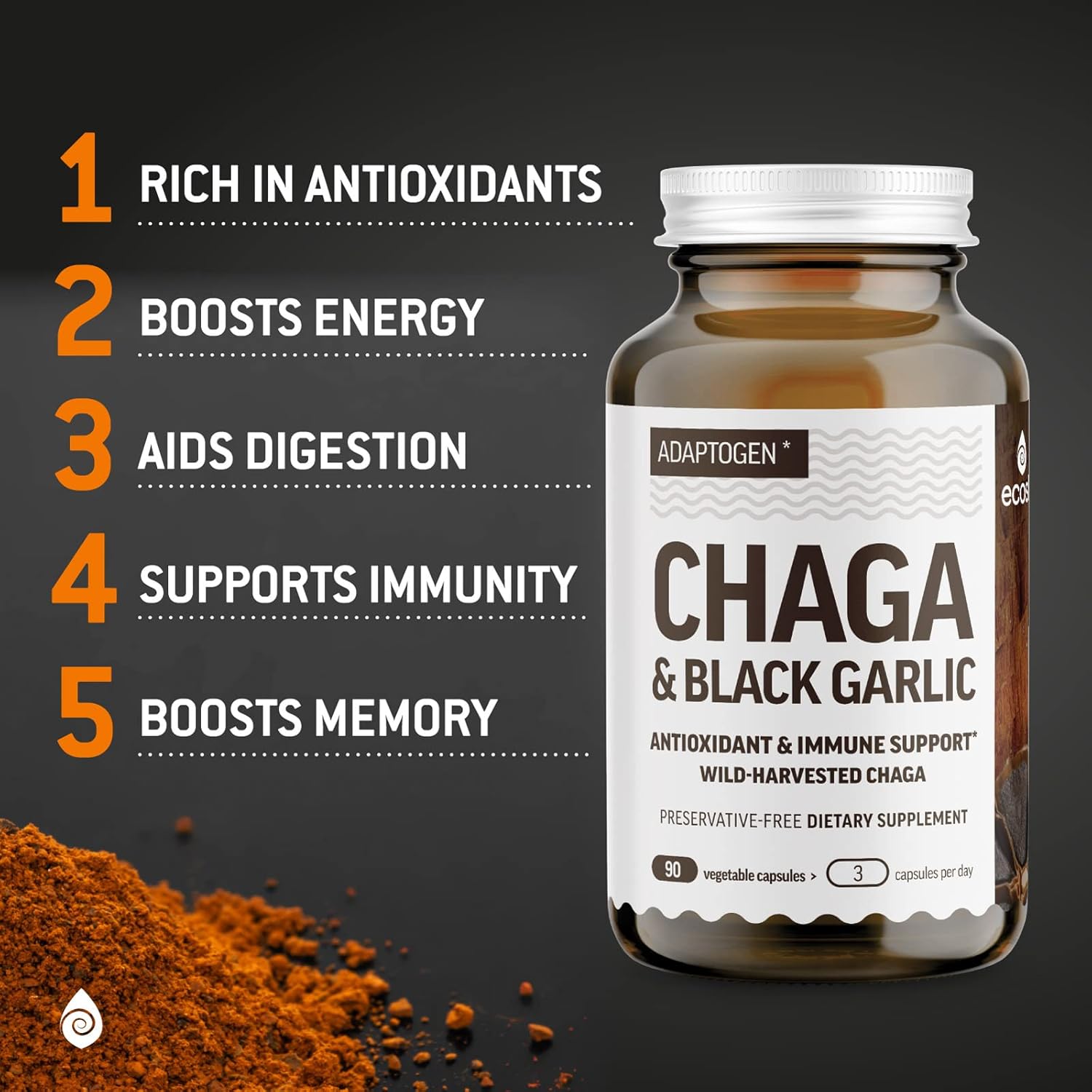 Organic Chaga Mushroom and Black Garlic Capsules - Antioxidant Immune Support Supplement - Nordic Forest Mushrooms - 1500mg - 90 ct - Espot.com.au