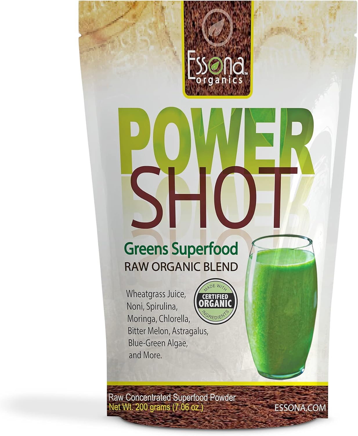 Essona Organics Power Shot Greens Superfood Blend - 100% Pure Raw Organic Vegan - Spirulina, Chlorella, Wheat Grass, Blue-Green Algae, Kale - 60 Servings, 180g Powder - Order Now - Espot.com.au