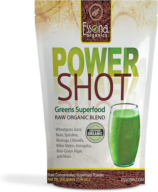Essona Organics Power Shot Greens Superfood Blend - 100% Pure Raw Organic Vegan - Spirulina, Chlorella, Wheat Grass, Blue-Green Algae, Kale - 60 Servings, 180g Powder - Order Now - Espot.com.au