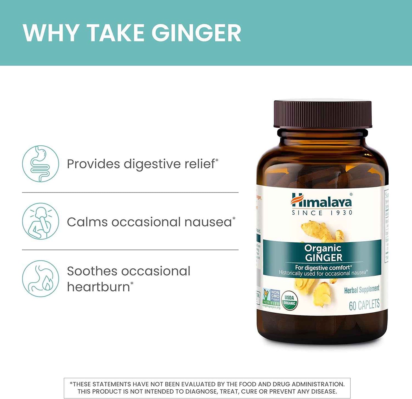 Organic Himalaya Ginger Supplement for Nausea, Gas, Upset Stomach - 60 Caplets, 2 Month Supply - Equivalent to 4,766 mg Ginger Powder - Natural Relief