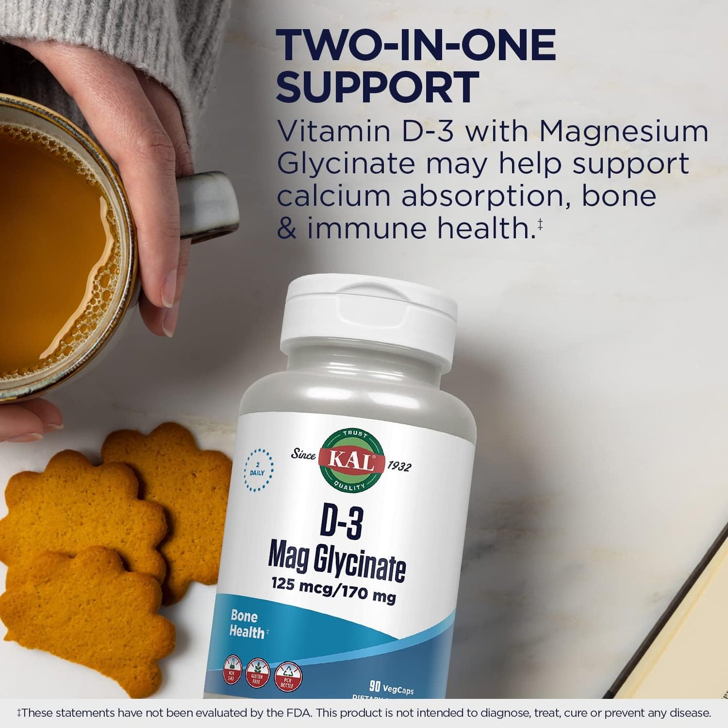 Vitamin D3 and Magnesium Glycinate Supplement with BioPerine for Enhanced Absorption, Muscle and Bone Health Support, Immune Support, Non-GMO and Gluten Free, 45 Servings, 90 VegCaps - Espot.com.au