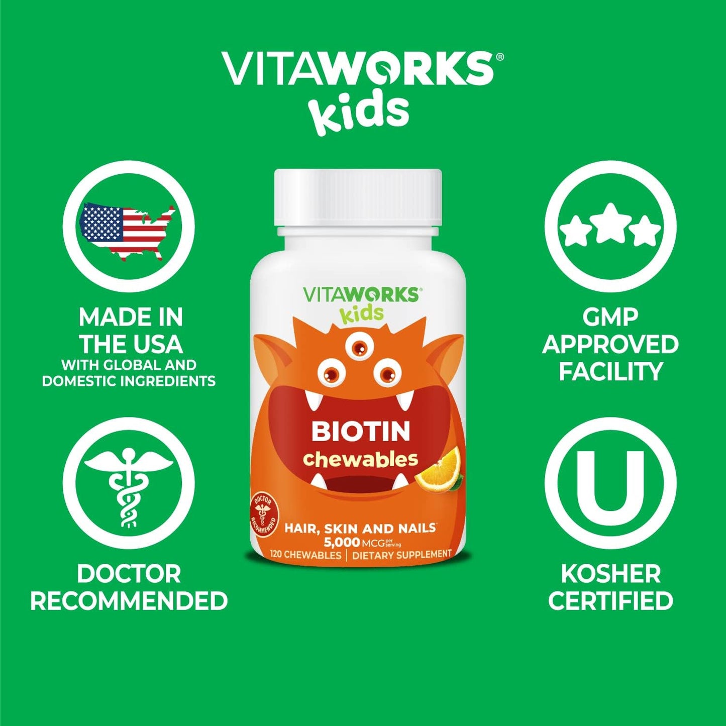 VitaWorks Kids Biotin 5000mcg Chewable Tablets - Vegan Hair Vitamins for Kids - Promotes Hair Growth, Skin & Nail Health - Tasty Biotin Supplement - 120 Chewables - Espot.com.au