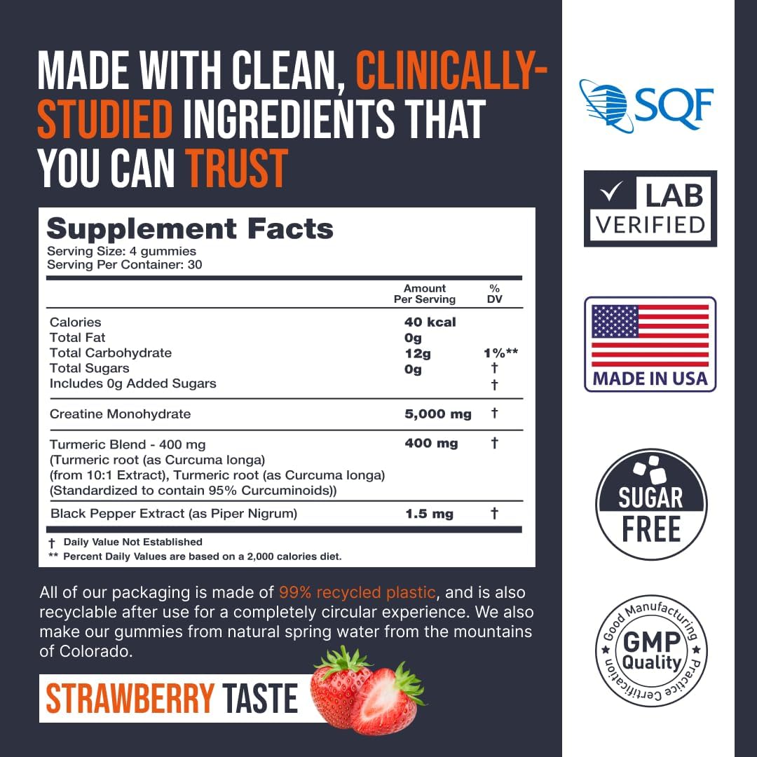 EcoWise Wellness Creatine Monohydrate Gummies - 5000 MG Chewables for Strength & Energy - Gluten-Free, Vegan - 120 Count Strawberry Gummies for Men & Women - Espot.com.au
