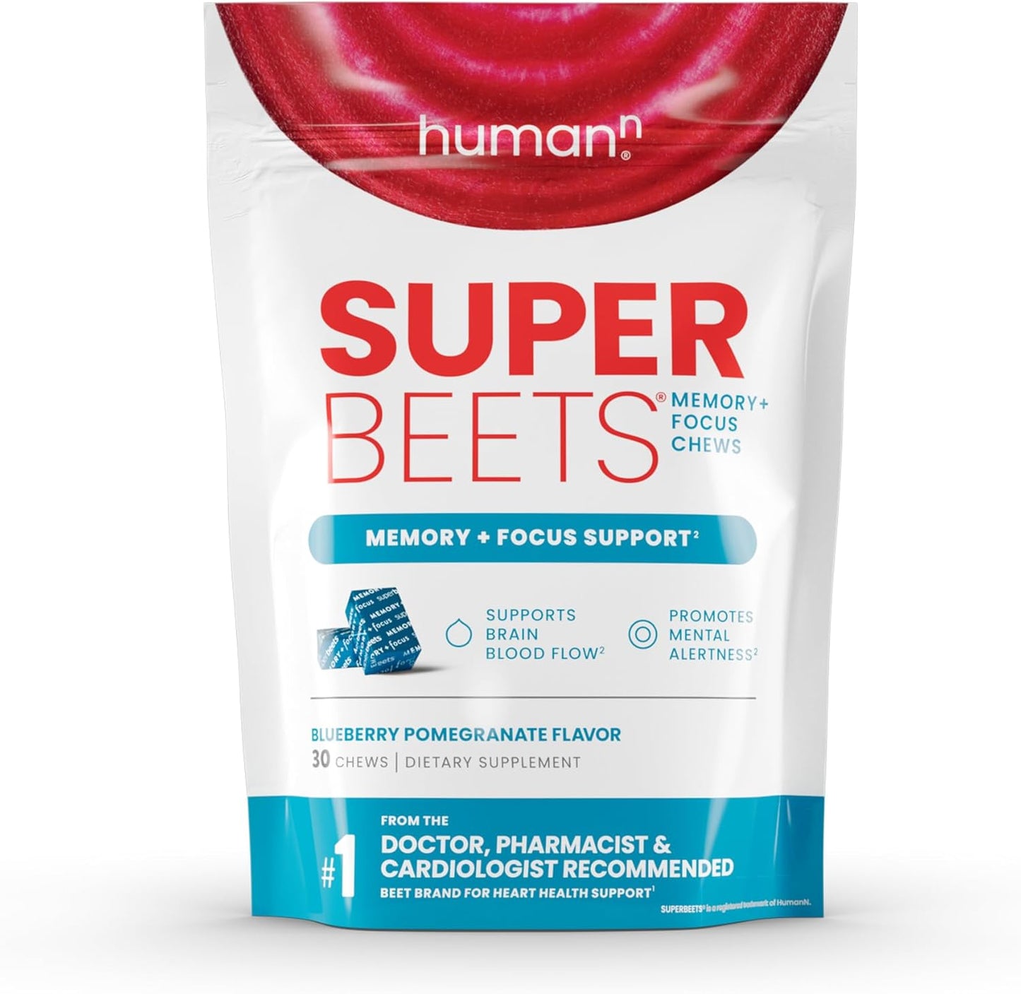 SuperBeets Brain Chews: Memory, Focus & Mental Alertness Supplements with Nootropics, Resveratrol, Beet Root Powder, Blueberry Pomegranate - 30 Count - Espot.com.au
