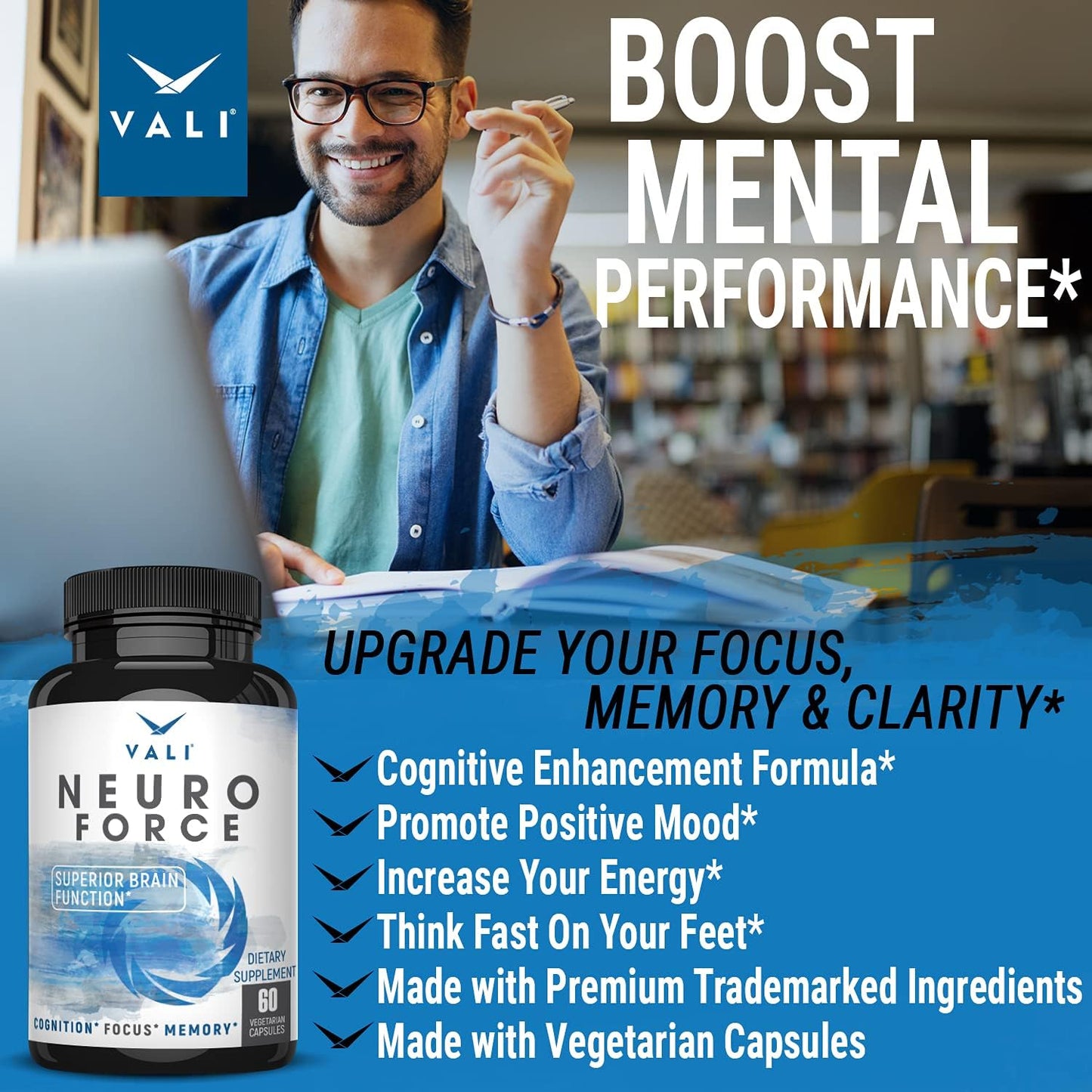 Extra Strength Brain Booster Supplement for Focus, Memory, Clarity & Energy - Nootropic Cognitive Function Support with Natural Caffeine - 60 Veggie Capsules - Espot.com.au