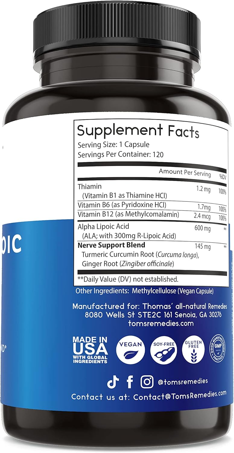Natural Alpha Lipoic Acid 600mg Capsules with B-Vitamins - Thomas' Vegan Formula without Fillers - 120 Count - Espot.com.au