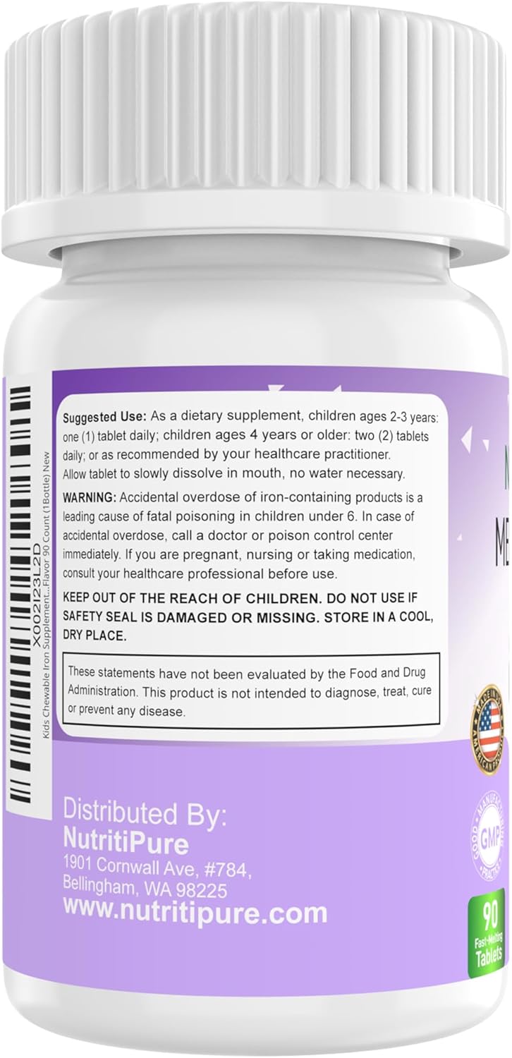 Delicious Grape Flavored NutritiPure Chewable Iron Supplements for Kids - 90 Count Bottle with Ferronyl®/Carbonyl Iron 9mg and Vitamin C 30mg - Espot.com.au