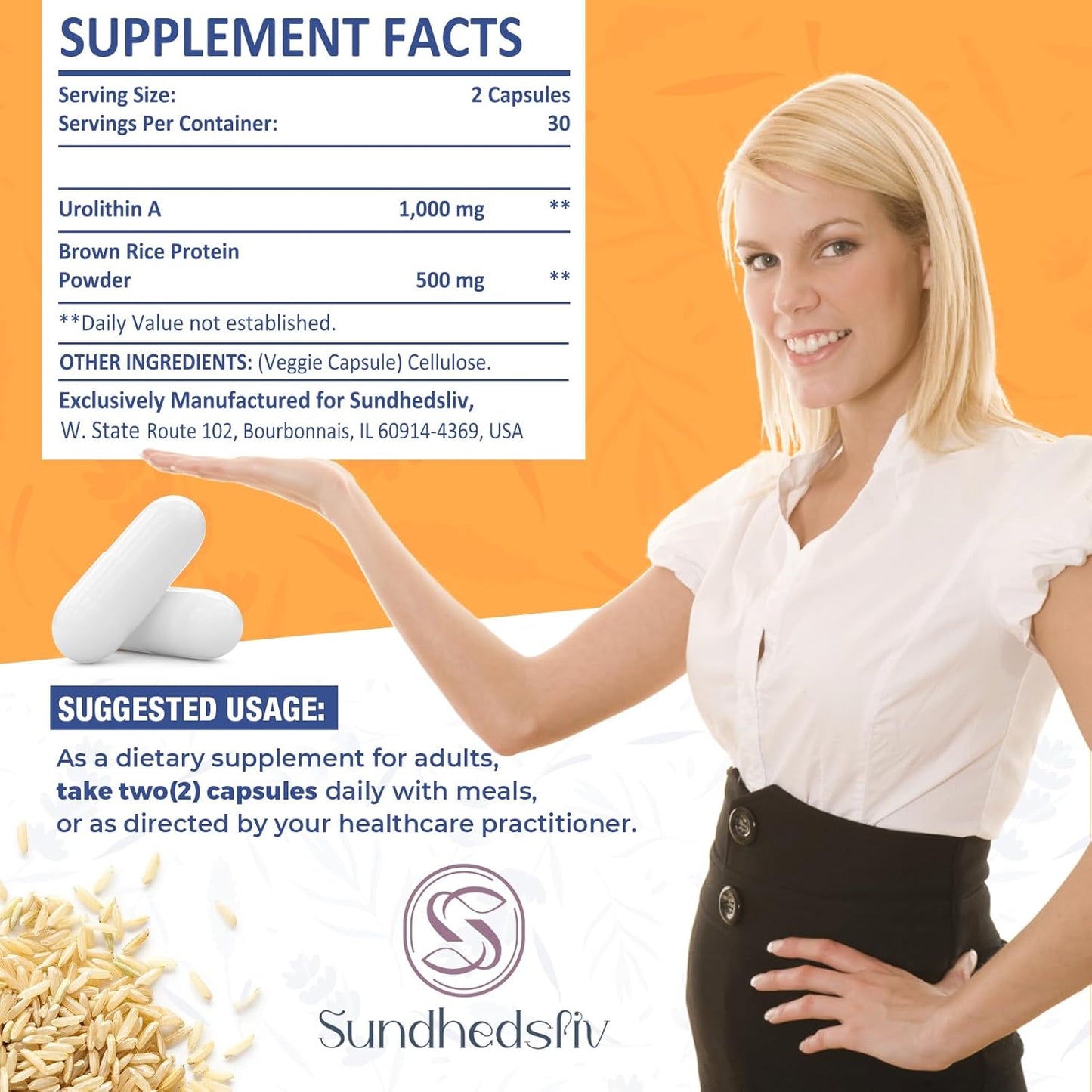 1500MG Sundhedsliv Urolithin A Supplement with Brown Rice Protein - Boost Exercise Performance & Cellular Health - Gluten Free - 60 Capsules - Espot.com.au