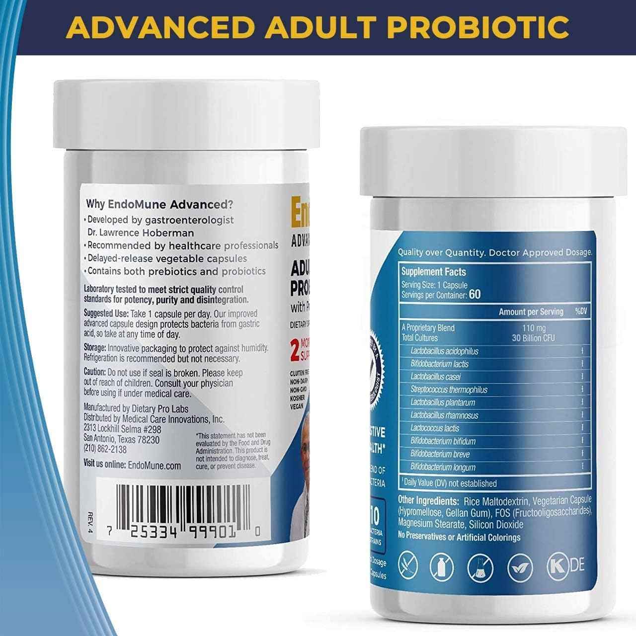 Physician Formulated Endomune Advanced Adult Probiotic with Prebiotic | 10 Strains, 30 Billion CFU | 60-Count Bottle