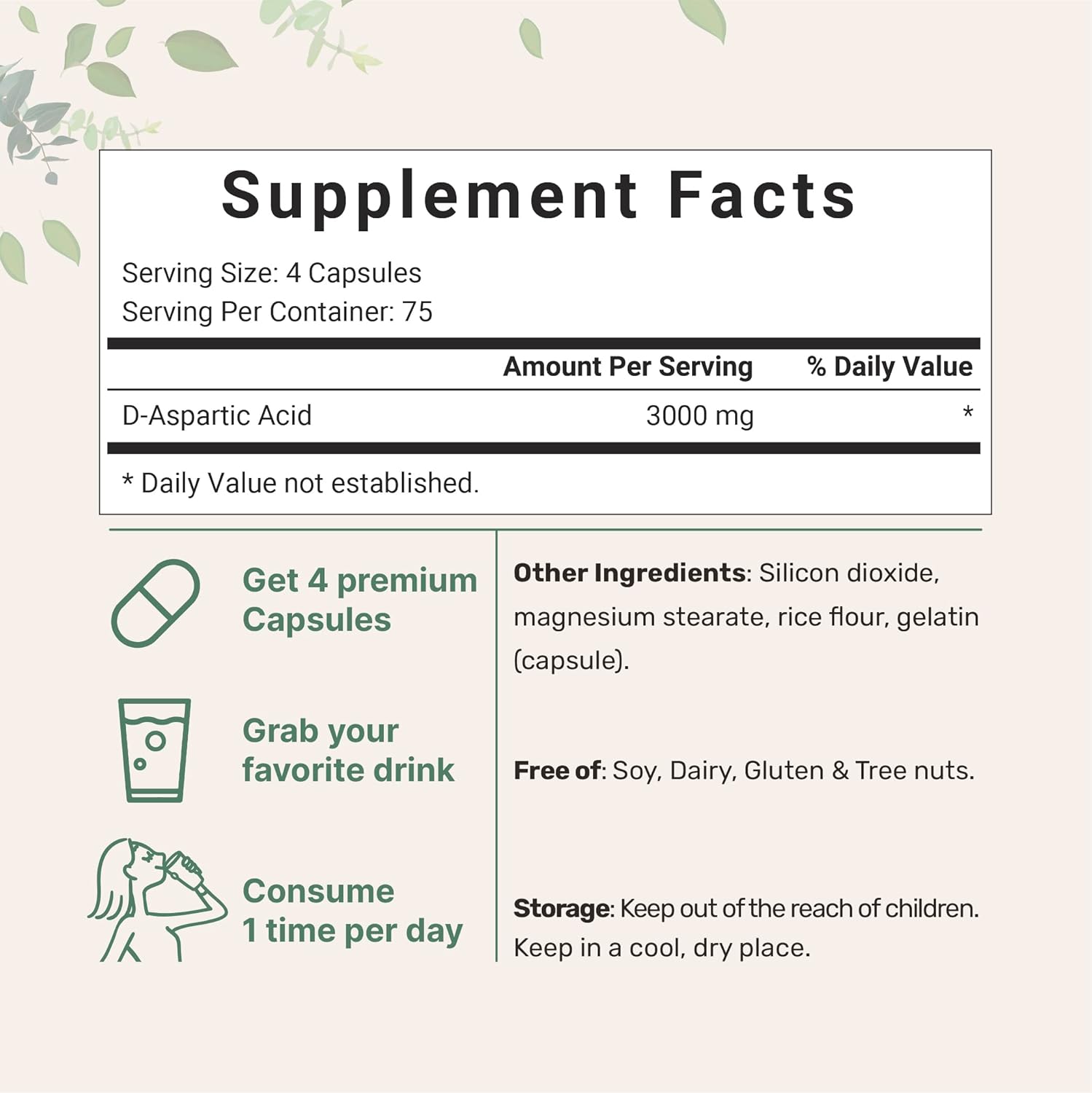 Premium D Aspartic Acid Pills - Non-GMO DAA Supplement with 3000mg Per Serving - 300 Capsules for Strength and Endurance - Espot.com.au