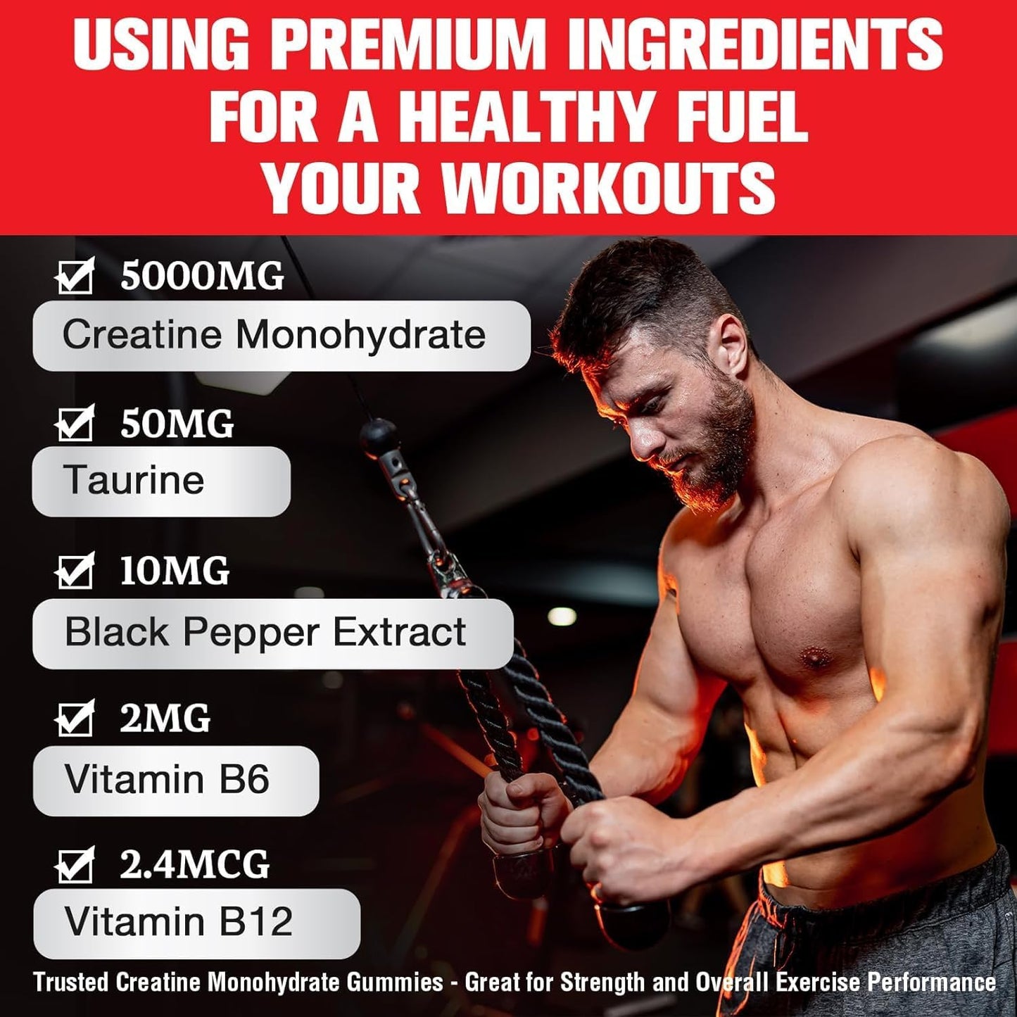 Organic Vegan Creatine Gummies with Taurine & Vitamins - 5000mg Pre-Workout for Maximum Strength, Muscle, Energy & Focus - Men & Women - 60 Count - Espot.com.au