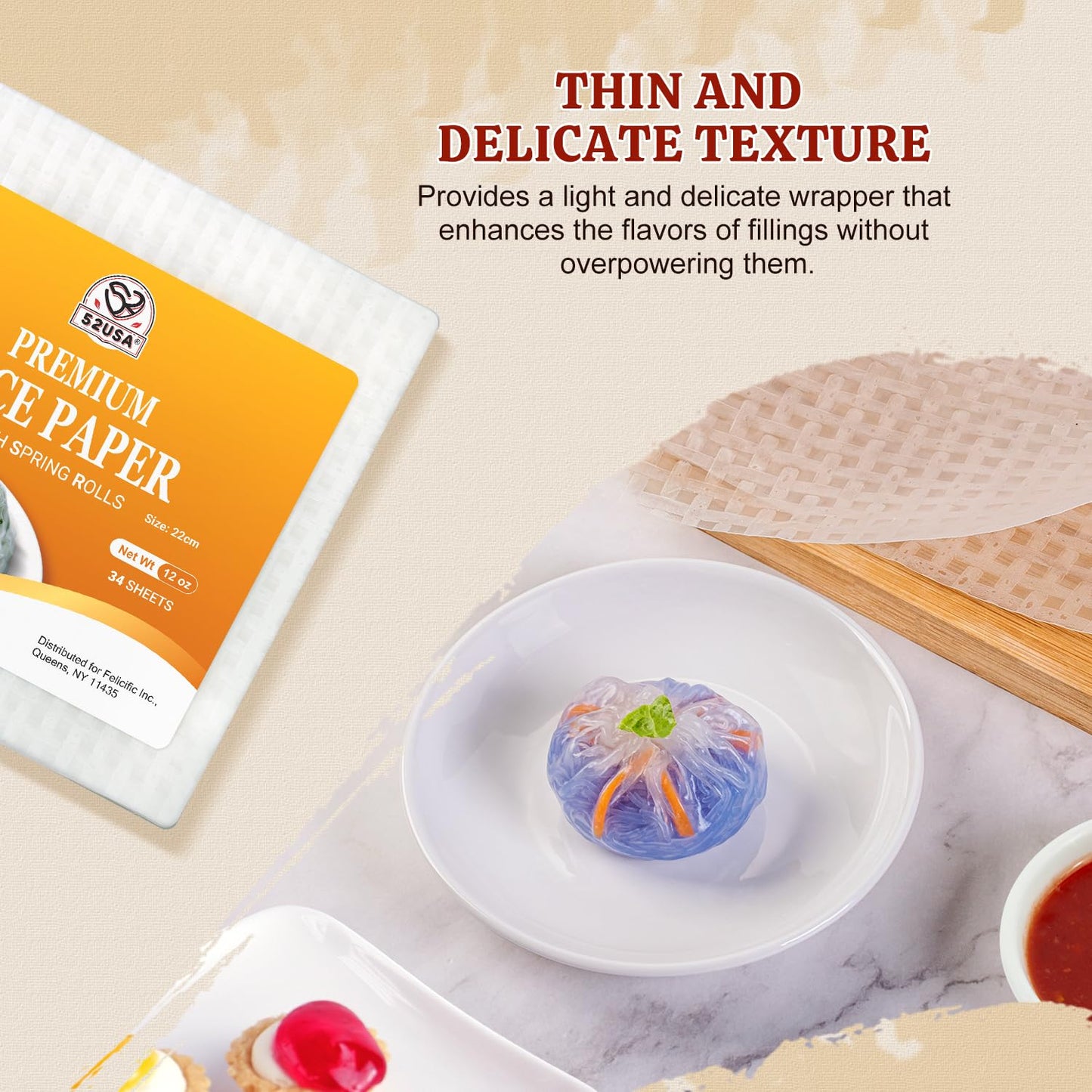 52USA Square Rice Paper Wrappers - 1 Pack of 34 Sheets, 12 oz, Gluten-Free Wonton Wrappers for Fresh Spring Rolls & Dumplings - Vegan & Low Carb Vietnamese Rice Wraps - White (22cm) - Espot.com.au