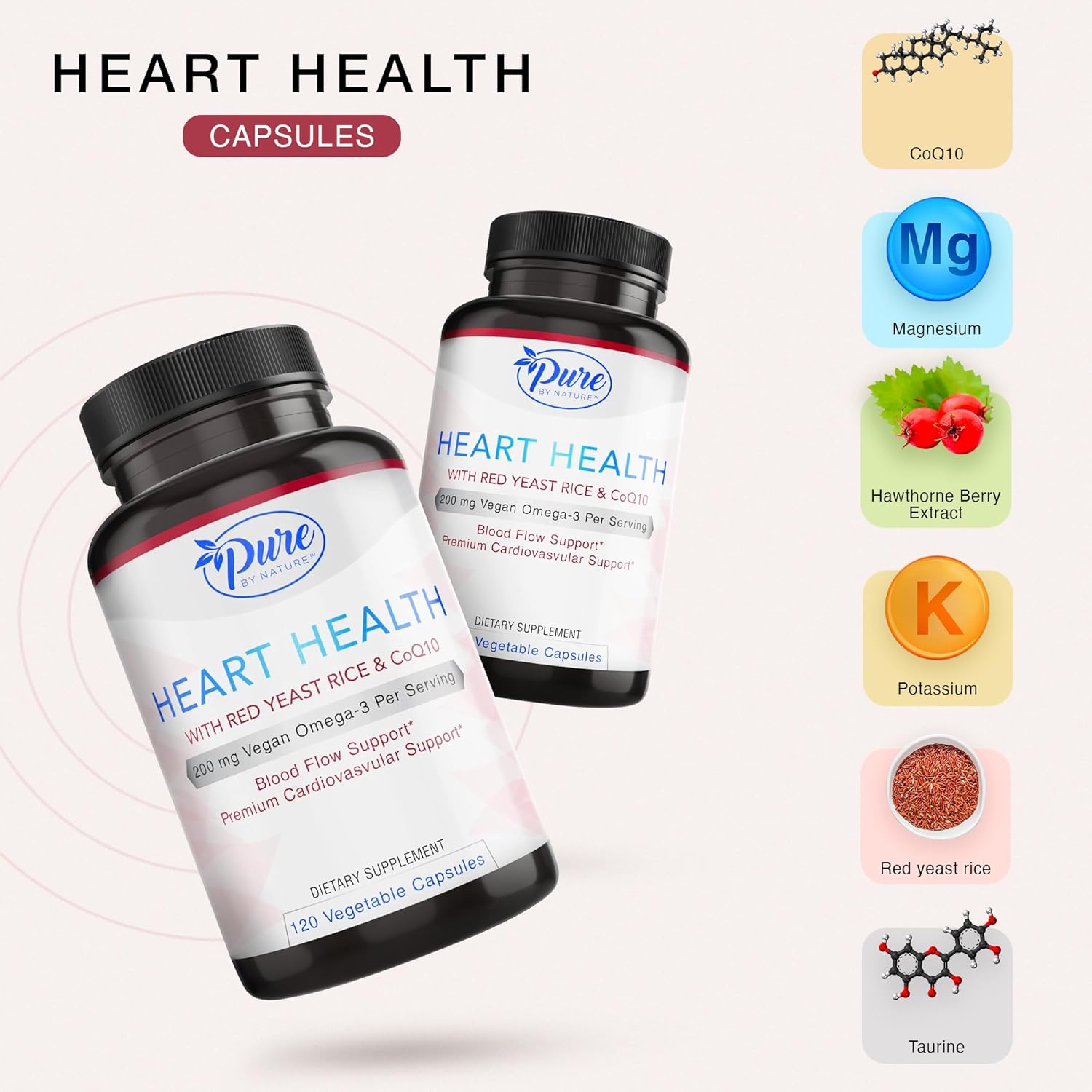 Red Yeast Rice & CoQ10 Supplement for Vascular Health & Blood Flow - 30 Servings (120 Veg Capsules) - Pure By Nature - Espot.com.au