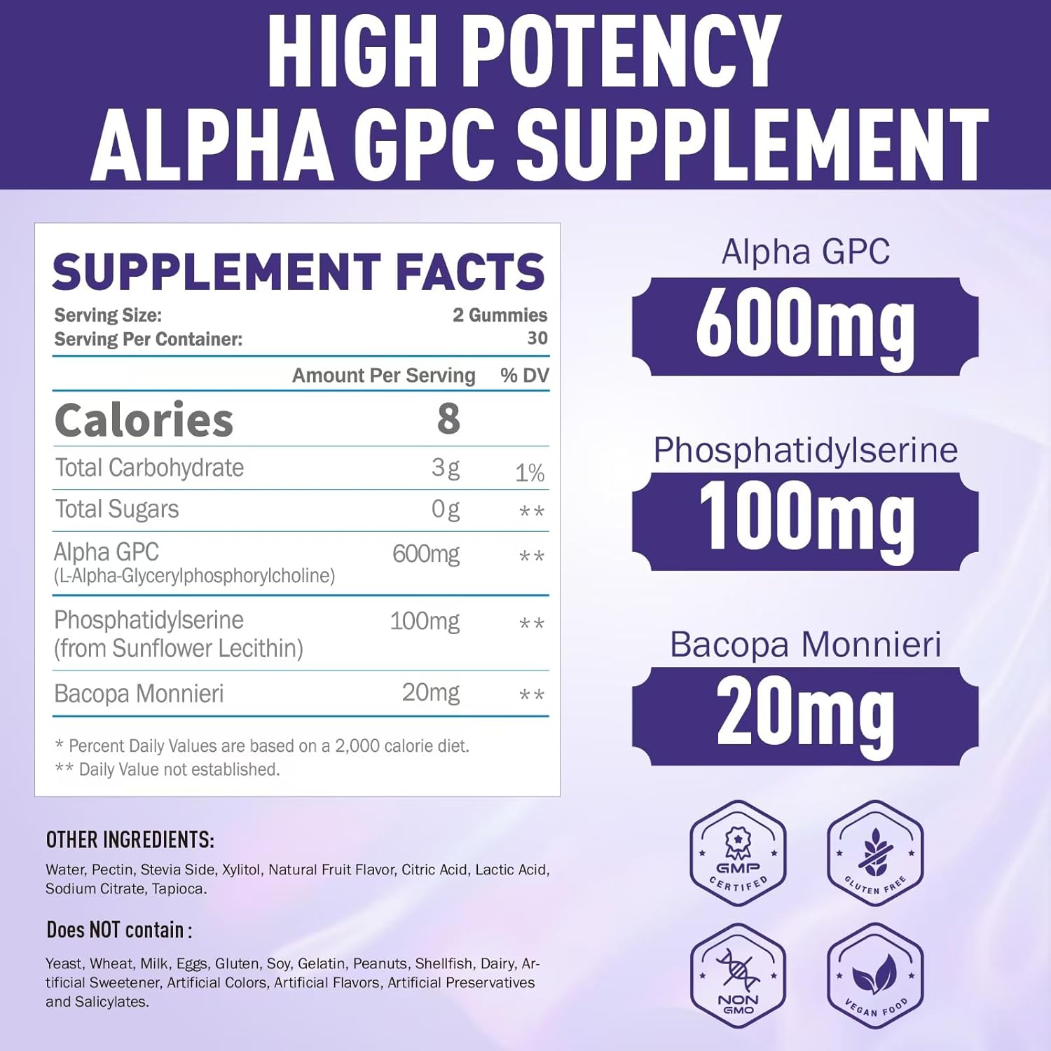 Alpha GPC & Phosphatidylserine Gummies - Brain Supplement for Memory & Focus - 600mg Chewable with Bacopa - Sugar Free - 120 Count - Espot.com.au