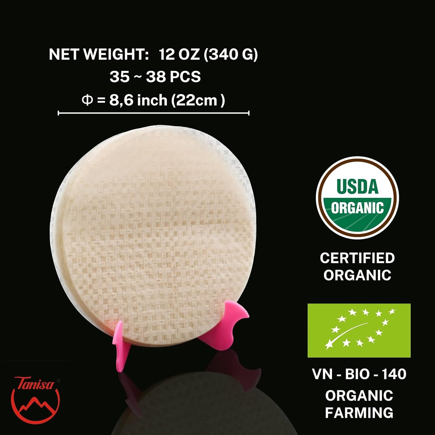 38 Sheets Tanisa Organic Rice Paper Wrappers, 22cm, 12 oz - Low Carb Tortilla, Spring Roll Wrappers, Gluten Free Wraps - Non GMO Banh Trang Goi Cuon - Espot.com.au