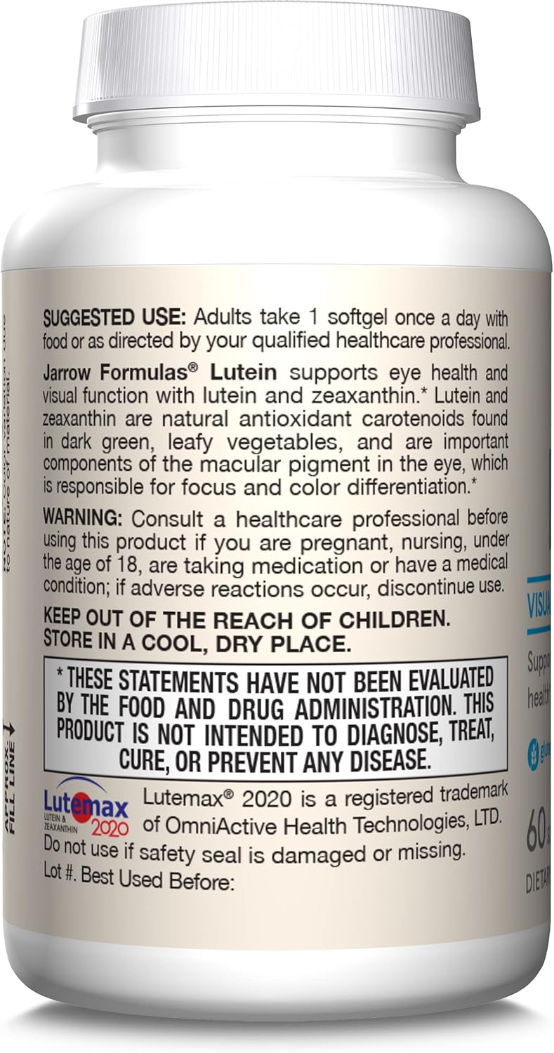 Jarrow Formulas Lutein 20mg with Zeaxanthin Softgels - Visual Function & Macular Health Support - 60 Day Supply - Espot.com.au