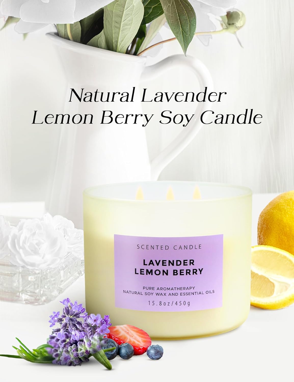 Lavender Lemon Berry Aromatherapy Candle for Stress Relief | 3 Wick Soy Candle 15.8 oz | Relaxing Scented Candle for Women & Men | Clean Burn, Long Lasting - Espot.com.au