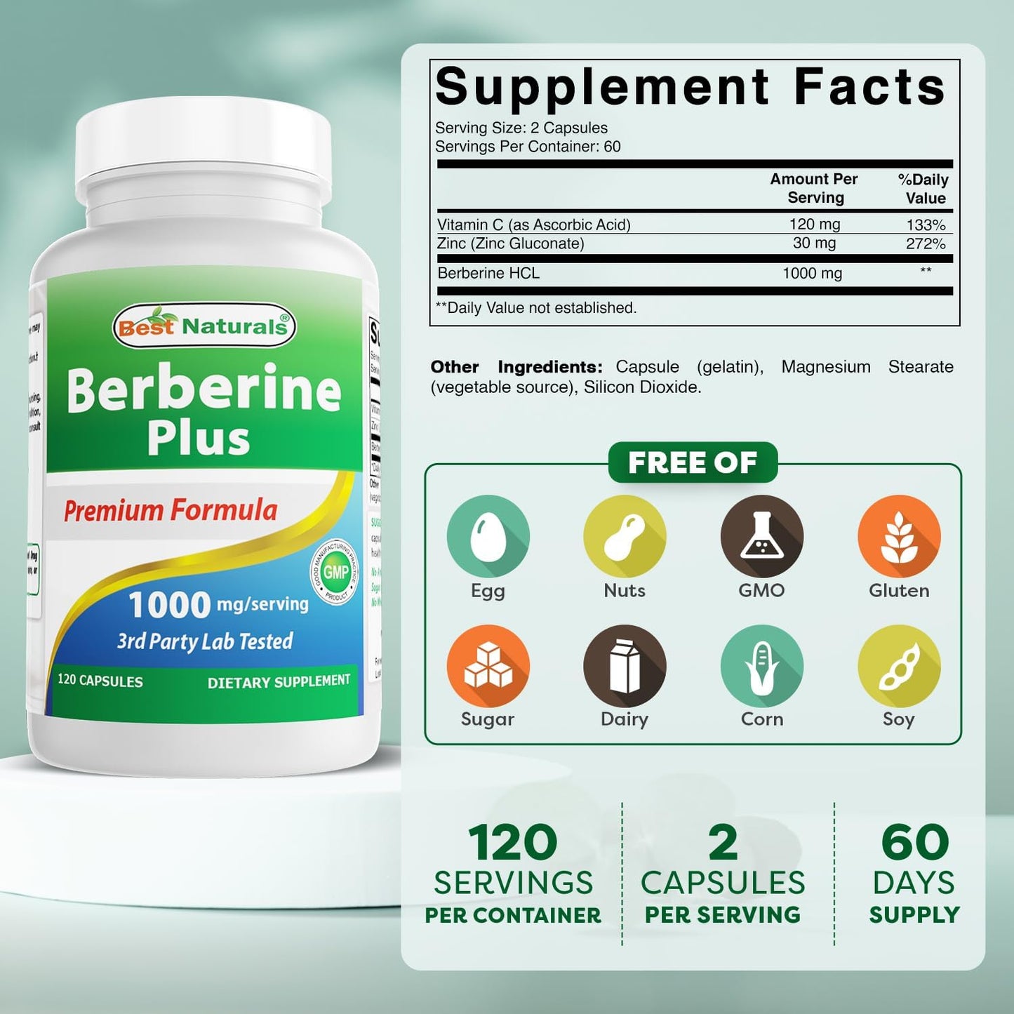 Natural Berberine Plus 1000mg - 240 Capsules for Blood Sugar Support & Heart Health - Twin Pack of 120 Count Bottles - Espot.com.au
