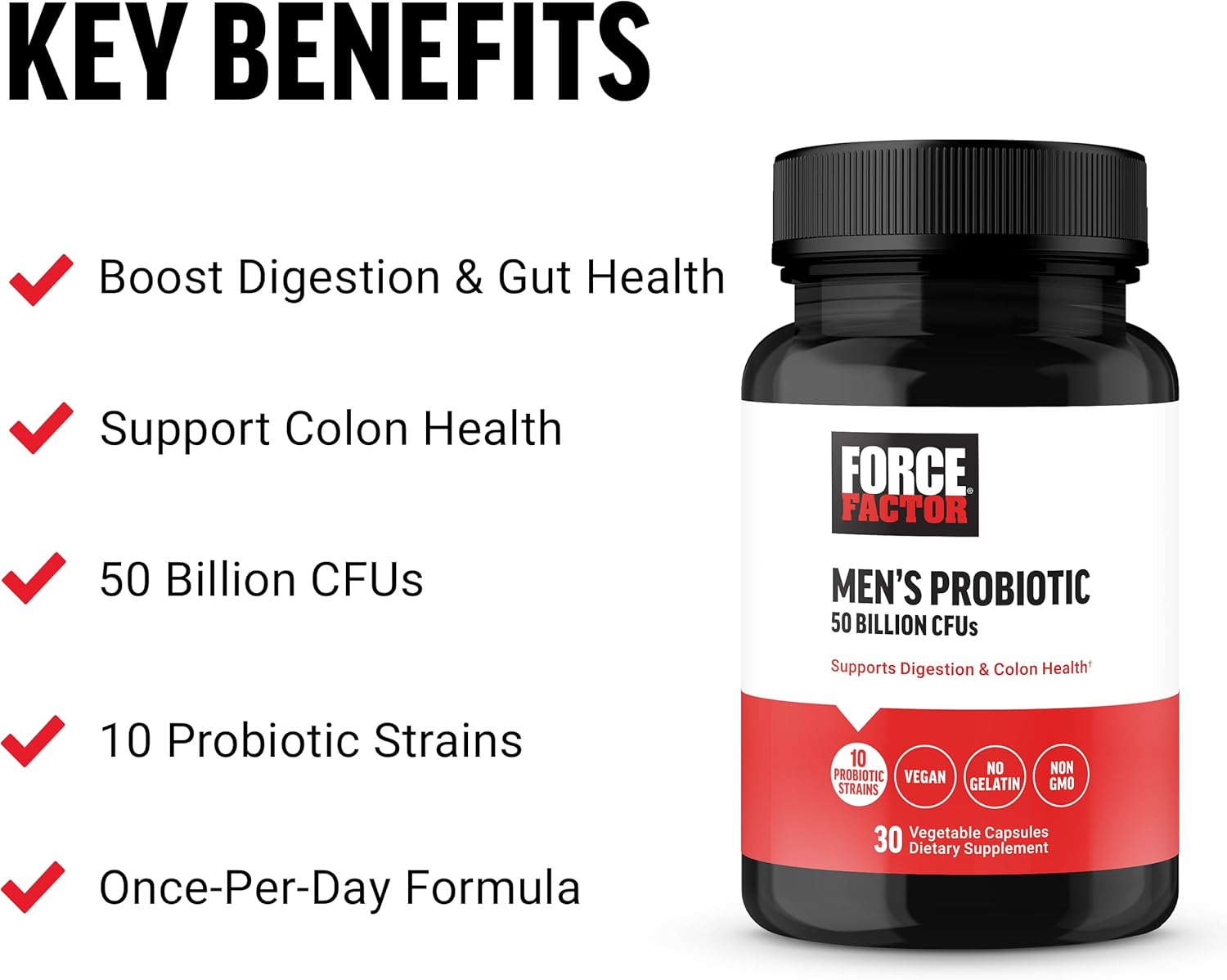 FORCE FACTOR Men's Probiotic - 50 Billion CFUs, 10 Strains, Digestive & Colon Health, Daily Wellness, Non-GMO, Vegan - 30 Capsules - Espot.com.au